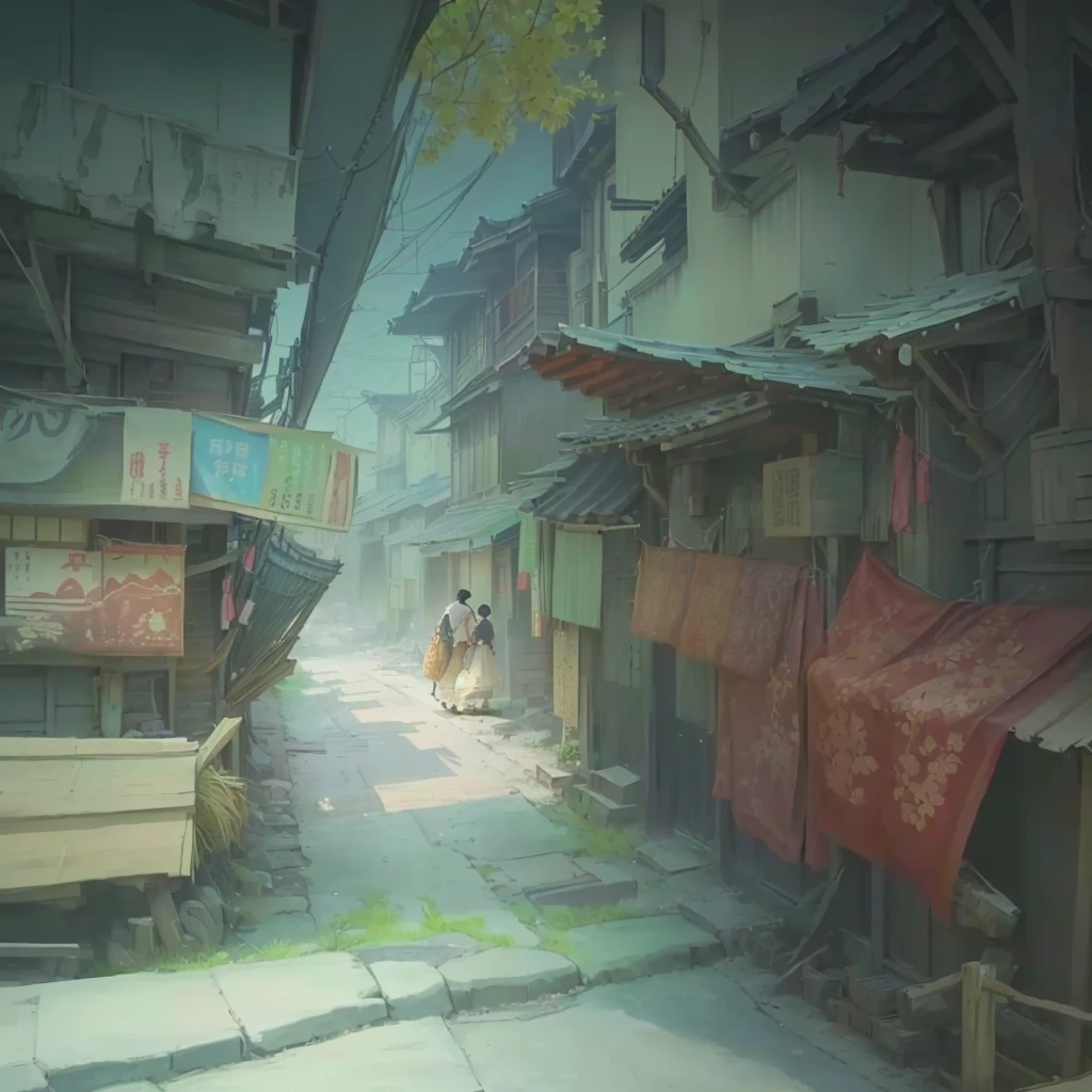 There is a picture of a street where people are walking., City Concept Art, Digital Painting Concept Art, Inspired by Carl Spitzweg, Indie Concept Art, Indie game concept art, Anime Background Art, misty alley, illustration concept art, サイバーパンクのalley, alley, 2D Concept Art, by Shimo, Anime Scenery Concept Art Blazing flames, fire, crowd, throng, freezing, mother warming her baby.Scenery and Cityscape in the Early Meiji Era After the Meiji Restoration, Japan underwent rapid modernization and civilization. Consequently, many changes and reforms occurred. Below is a detailed explanation of the scenery, appearance of the poor, occupations, and cityscapes in the early Meiji period (1868 to the early 1880s). 2. Appearance of the Poor Life for the impoverished and lower classes remained harsh. In particular, in urban areas, people migrated from rural areas or unemployed artisans gathered, intensifying competition in the labor market. Many of them struggled with poverty, often residing in slums or around temples. 3. Occupations Meiji early Japan witnessed a diversification of occupations. Traditional agriculture and handicrafts were accompanied by the rise of modern industry and commerce. Particularly in urban areas, factory workers, shop clerks, and transporters increased, giving rise to new professions. However, many in these occupations endured harsh working conditions. 4. Influence of Civilization and Enlightenment During the Meiji era, Western cultural influences spread rapidly. Changes in clothing, dietary habits, and the proliferation of Western-style architecture advanced, especially in urban areas. Conversely, this development posed a threat to traditional culture and lifestyles, resulting in societal upheaval and adaptation challenges. 5. Social Change and Policy Influence While promoting modernization policies, the government also addressed poverty and social issues. Legislation for labor protection and charitable activities to aid the poor were implemented. Nevertheless, living conditions for the impoverished scarcely improved. The early Meiji period marked a rapid transformation
