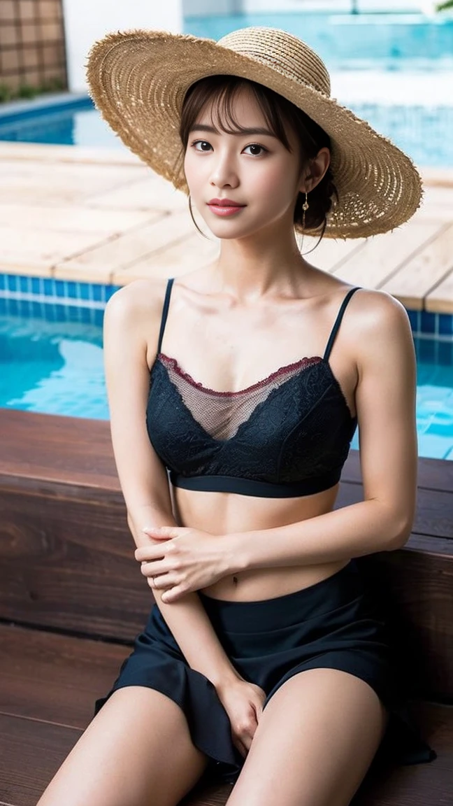 Dark brown hair、Light brown eyes、Japanese actress、 Lady、I am about 40 years old......、(Intricate details:1.2)、(Which is the top??????:1.4)、 (Ultra-high resolution:1.2)、Ultra-high resolution、(Fine-tune)、(Detailed facial features)、Hmph、8k resolution、I-cup size big、Long Hair、Updostyle, Updo、Hair Bun、1 girl, Deep sorrowの表情, (Very detailed美しい顔), (camisole:1.5), (Exposing shoulders and stomach:1.3), (Highest quality:1.4), (Very detailed)、Beautiful fair skin with transparency,、Top View、 Please open your mouth a little、Her legs are visible through the dress、Deep sorrow、Pose of Weakness、Obscene pose、Sit on the pool bed、、By the pool、Beach Bed、Summer cot、Wide-brimmed hat、Actress Cap、under the sun、sunlight、Wide-brimmed hat、Straw hat、Hats to wear at the resort、One eye is hidden by the brim of his hat、elegant、smile