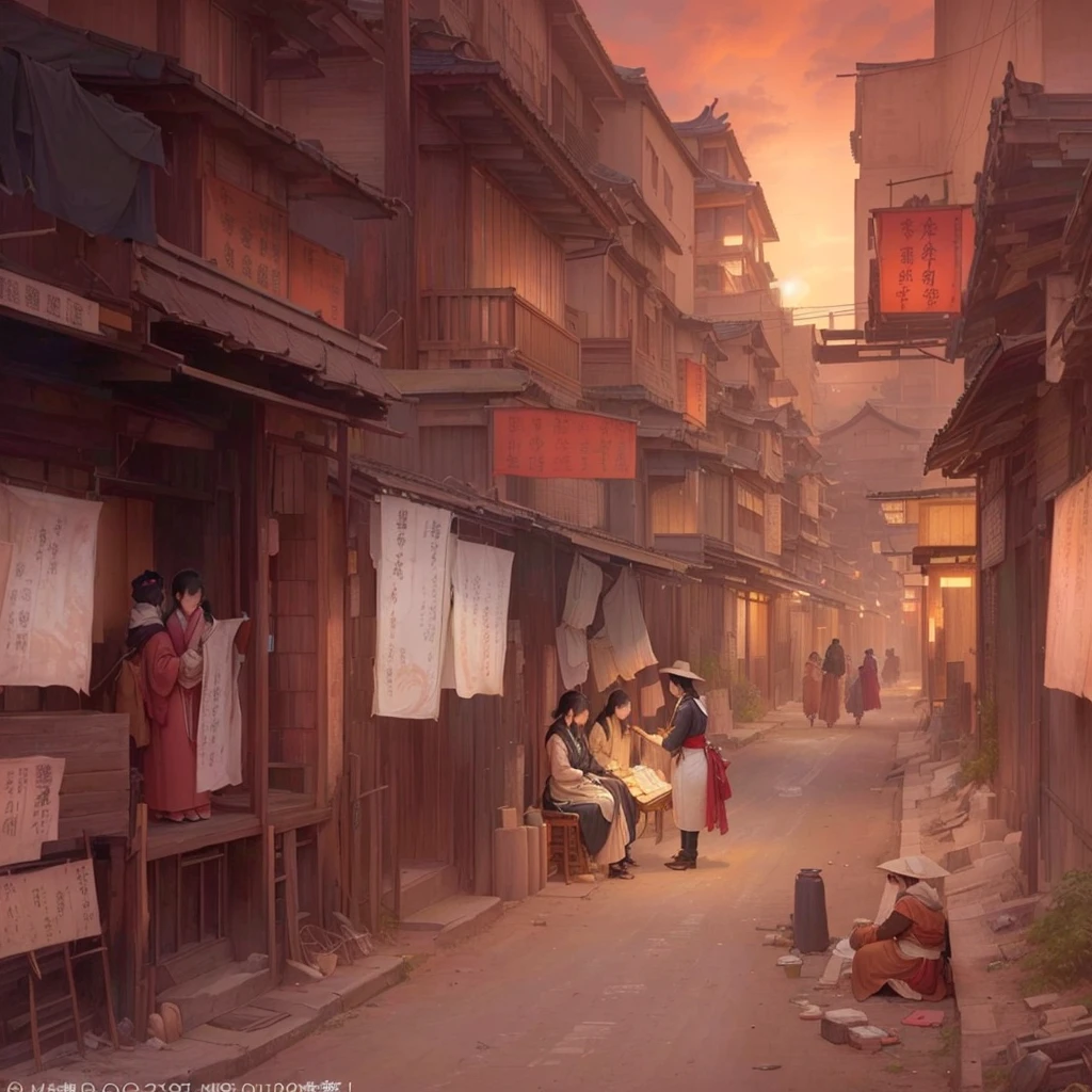 People sitting on the sidewalk々There is a painting depicting the townscape of, Dreamy city in China, City Concept Art, The ancient street behind her, Inspired by Carl Spitzweg, Anime scenery concept art, Ross Tran. Landscape Background, by Shimo, Highly realistic concept art, Award-winning concept art, Painterly concept art, Dusty Street, Professional concept art Blazing flames, fire, crowd, throng, freezing, mother warming her .Scenery and Cityscape in the Early Meiji Era After the Meiji Restoration, Japan underwent rapid modernization and civilization. Consequently, many changes and reforms occurred. Below is a detailed explanation of the scenery, appearance of the poor, occupations, and cityscapes in the early Meiji period (1868 to the early 1880s). 2. Appearance of the Poor Life for the impoverished and lower classes remained harsh. In particular, in urban areas, people migrated from rural areas or unemployed artisans gathered, intensifying competition in the labor market. Many of them struggled with poverty, often residing in slums or around temples. 3. Occupations Meiji early Japan witnessed a diversification of occupations. Traditional agriculture and handicrafts were accompanied by the rise of modern industry and commerce. Particularly in urban areas, factory workers, shop clerks, and transporters increased, giving rise to new professions. However, many in these occupations endured harsh working conditions. 4. Influence of Civilization and Enlightenment During the Meiji era, Western cultural influences spread rapidly. Changes in clothing, dietary habits, and the proliferation of Western-style architecture advanced, especially in urban areas. Conversely, this development posed a threat to traditional culture and lifestyles, resulting in societal upheaval and adaptation challenges. 5. Social Change and Policy Influence While promoting modernization policies, the government also addressed poverty and social issues. Legislation for labor protection and charitable activities to aid the poor were implemented. Nevertheless, living conditions for the impoverished scarcely improved. The early Meiji period marked a rapid t