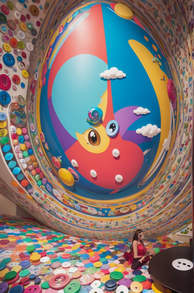 One in the style of the cartoon Funny that is in the room of colorful buttons and.following a work of art