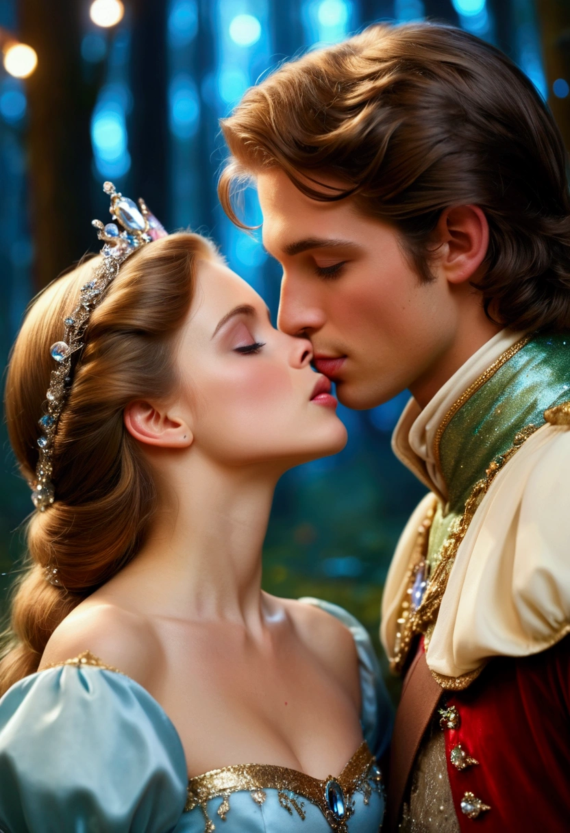 enchanted forest, Couple of princes, kissing on mouth, High definition, sharp focus, glittering lights