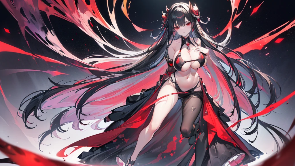 (Exquisite eyes),(Clear and beautiful eyes:1.61),masterpiece, 1 young girl,(Black clothes and some red gems), Black long hair, (She has a huge red gem on her chest), Good Hand,((The Havoc of StarCraft)),full-body shot,Fighting Stance,(Red Eyes:1.466)，short and small,(Very big breasts:1.35),(Pretty Face),(full-body shot:1.33),Beautiful hands