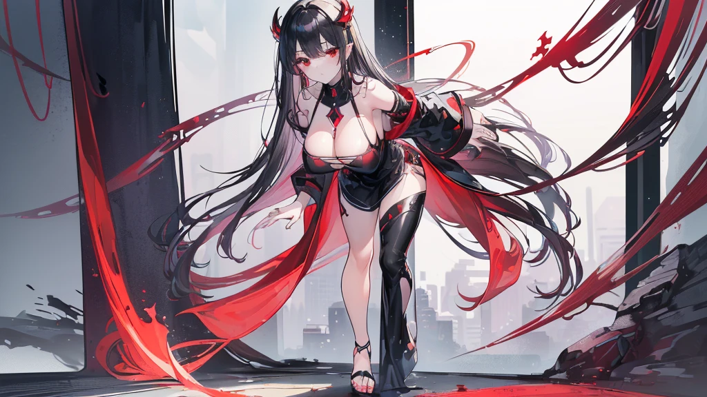 (Exquisite eyes),(Clear and beautiful eyes:1.61),masterpiece, 1 young girl,(Black clothes and some red gems), Black long hair, (She has a huge red gem on her chest), Good Hand,((The Havoc of StarCraft)),full-body shot,Fighting Stance,(Red Eyes:1.466)，short and small,(Very big breasts:1.35),(Pretty Face),(full-body shot:1.33),Beautiful hands