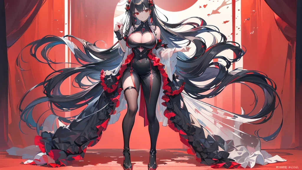 (Exquisite eyes),(Clear and beautiful eyes:1.61),masterpiece, 1 young girl,(Black clothes and some red gems), Black long hair, (She has a huge red gem on her chest), Good Hand,((The Havoc of StarCraft)),full-body shot,Fighting Stance,(Red Eyes:1.466)，short and small,(Very big breasts:1.35),(Pretty Face),(full-body shot:1.33),Beautiful hands