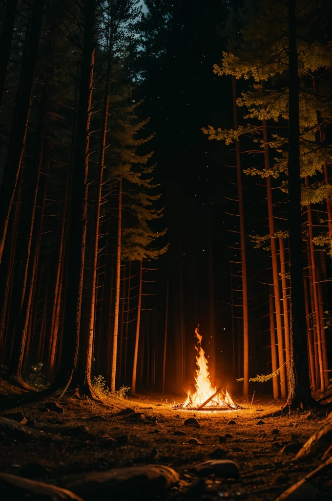 A bed on fire in a forest at night