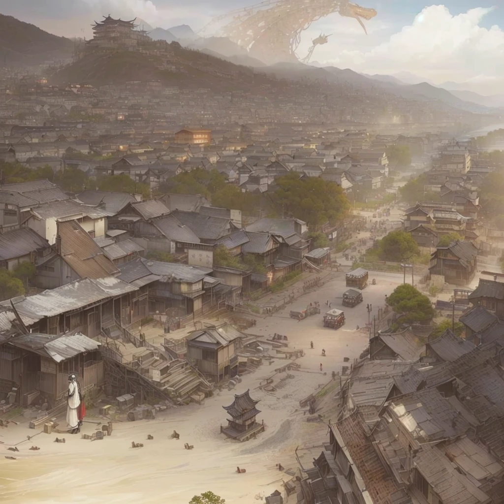 There is a painting of a city with a dragon flying through it., ビクトリア朝のSteampunk cityの眺め, Ancient Steampunk City, Victorian steampunk megalopolis, Steampunk city, Steampunk dystopian city, Beautifully detailed concept art, Nier Automata concept art, detailed 4K concept art, Highly realistic concept art, Concept Art Artwork Masterpiece, Highly detailed concept art of Blazing flames, fire, crowd, throng, freezing, mother warming her baby.Scenery and Cityscape in the Early Meiji Era After the Meiji Restoration, Japan underwent rapid modernization and civilization. Consequently, many changes and reforms occurred. Below is a detailed explanation of the scenery, appearance of the poor, occupations, and cityscapes in the early Meiji period (1868 to the early 1880s). 2. Appearance of the Poor Life for the impoverished and lower classes remained harsh. In particular, in urban areas, people migrated from rural areas or unemployed artisans gathered, intensifying competition in the labor market. Many of them struggled with poverty, often residing in slums or around temples. 3. Occupations Meiji early Japan witnessed a diversification of occupations. Traditional agriculture and handicrafts were accompanied by the rise of modern industry and commerce. Particularly in urban areas, factory workers, shop clerks, and transporters increased, giving rise to new professions. However, many in these occupations endured harsh working conditions. 4. Influence of Civilization and Enlightenment During the Meiji era, Western cultural influences spread rapidly. Changes in clothing, dietary habits, and the proliferation of Western-style architecture advanced, especially in urban areas. Conversely, this development posed a threat to traditional culture and lifestyles, resulting in societal upheaval and adaptation challenges. 5. Social Change and Policy Influence While promoting modernization policies, the government also addressed poverty and social issues. Legislation for labor protection and charitable activities to aid the poor were implemented. Nevertheless, living conditions for the impoverished scarcely improved. The early Meiji period marked a rapid tra