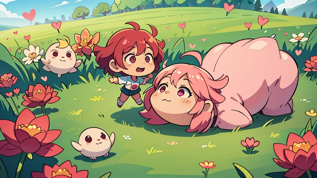 chibi style landscape image a field with hearts in the sky and floating all around, hearts, pink, perfect lighting