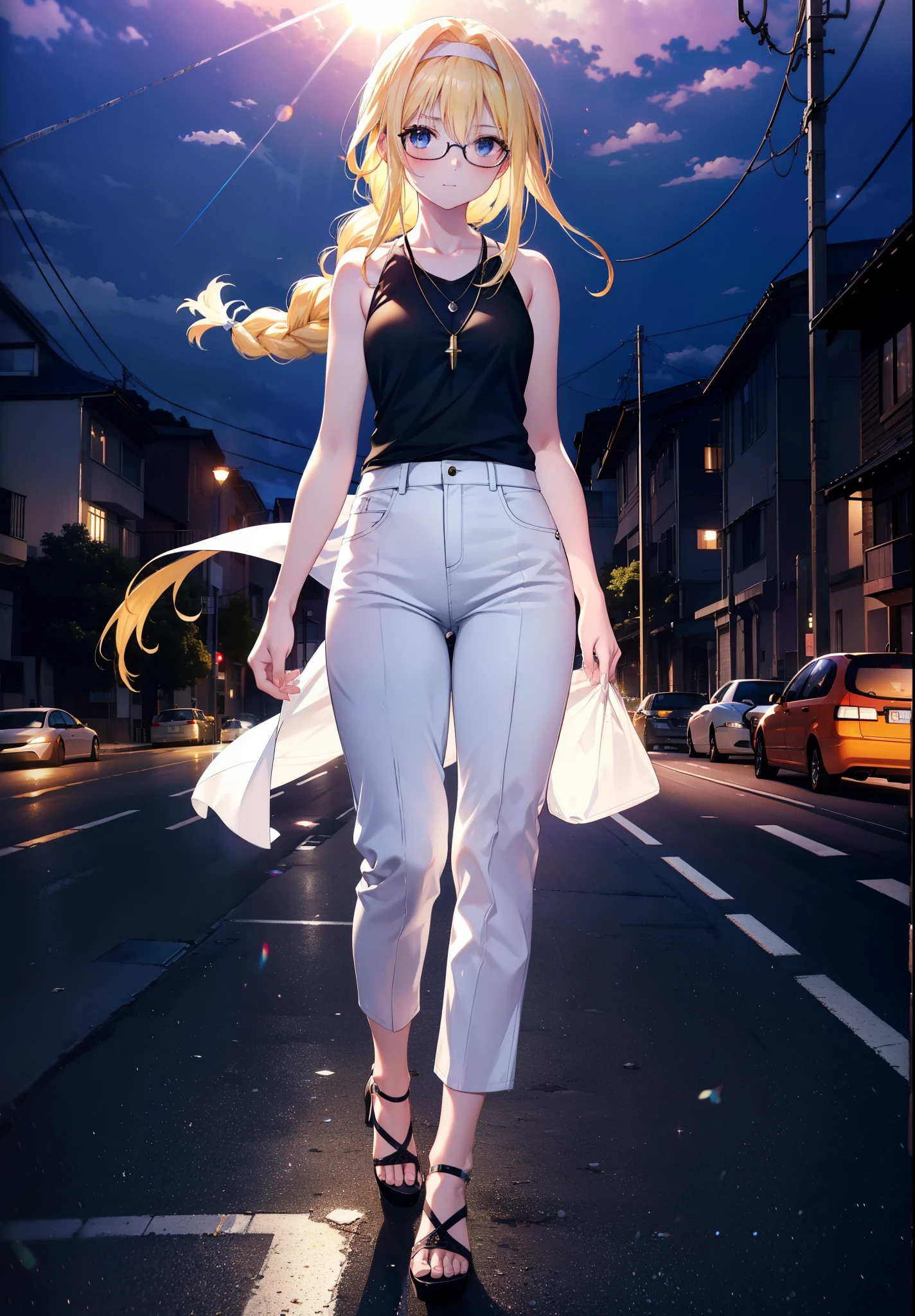 Alicesburg, Alice Zuberg, bangs, blue eyes, Blonde, Hair between the eyes, Very long braid, hair band, white hair band,Black-rimmed glasses,Yellow Tank Top,Locket Necklace,skinny pants,Stiletto heels,Walking,morning,morning陽,The sun is rising,whole bodyがイラストに入るように,smile,blush,
break outside, Residential Street,
break looking at viewer, whole body,
break (masterpiece:1.2), Highest quality, High resolution, unity 8k wallpaper, (figure:0.8), (Beautiful attention to detail:1.6), Highly detailed face, Perfect lighting, Highly detailed CG, (Perfect hands, Perfect Anatomy),