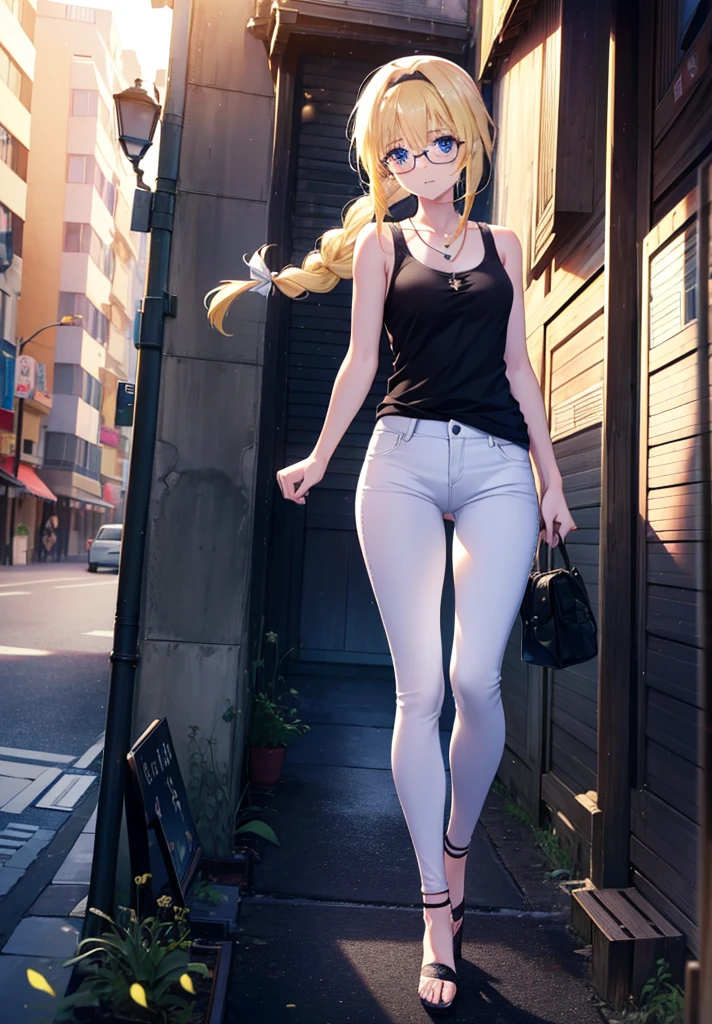 Alicesburg, Alice Zuberg, bangs, blue eyes, Blonde, Hair between the eyes, Very long braid, hair band, white hair band,Black-rimmed glasses,Yellow Tank Top,Locket Necklace,skinny pants,Stiletto heels,Walking,morning,morning陽,The sun is rising,whole bodyがイラストに入るように,smile,blush,
break outside, Residential Street,
break looking at viewer, whole body,
break (masterpiece:1.2), Highest quality, High resolution, unity 8k wallpaper, (figure:0.8), (Beautiful attention to detail:1.6), Highly detailed face, Perfect lighting, Highly detailed CG, (Perfect hands, Perfect Anatomy),