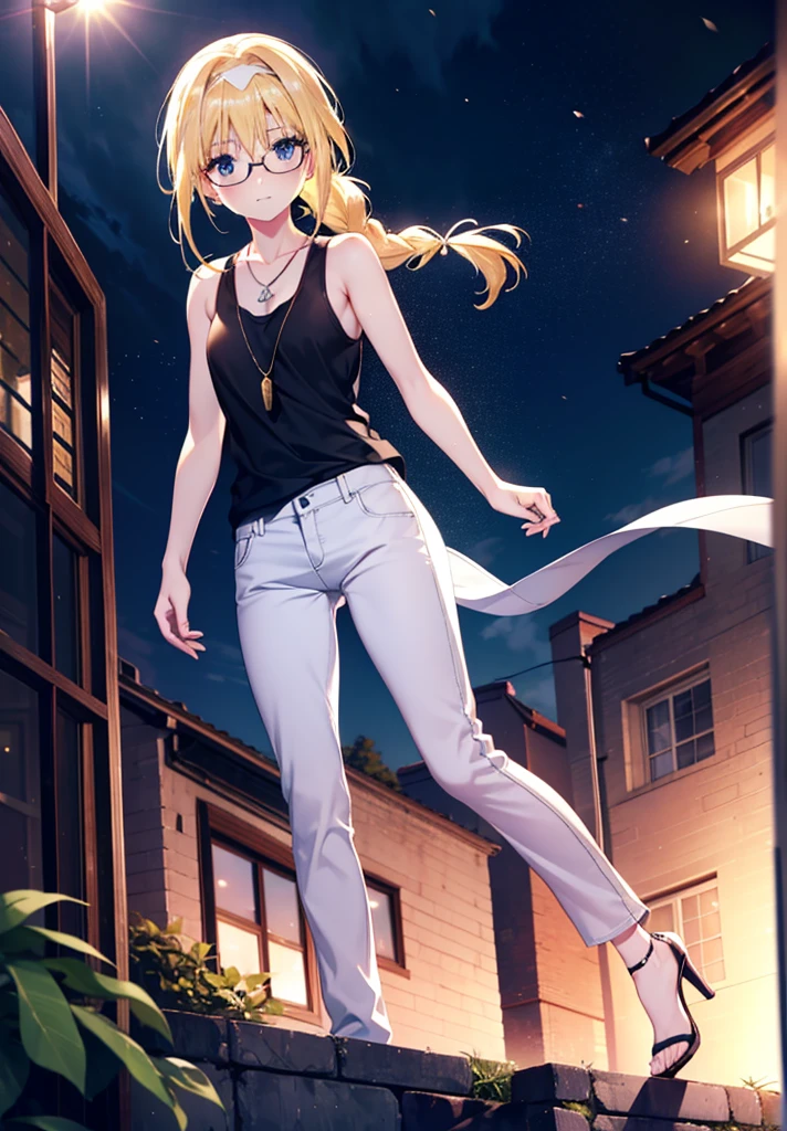 Alicesburg, Alice Zuberg, bangs, blue eyes, Blonde, Hair between the eyes, Very long braid, hair band, white hair band,Black-rimmed glasses,Yellow Tank Top,Locket Necklace,skinny pants,Stiletto heels,Walking,morning,morning陽,The sun is rising,whole bodyがイラストに入るように,smile,blush,
break outside, Residential Street,
break looking at viewer, whole body,
break (masterpiece:1.2), Highest quality, High resolution, unity 8k wallpaper, (figure:0.8), (Beautiful attention to detail:1.6), Highly detailed face, Perfect lighting, Highly detailed CG, (Perfect hands, Perfect Anatomy),