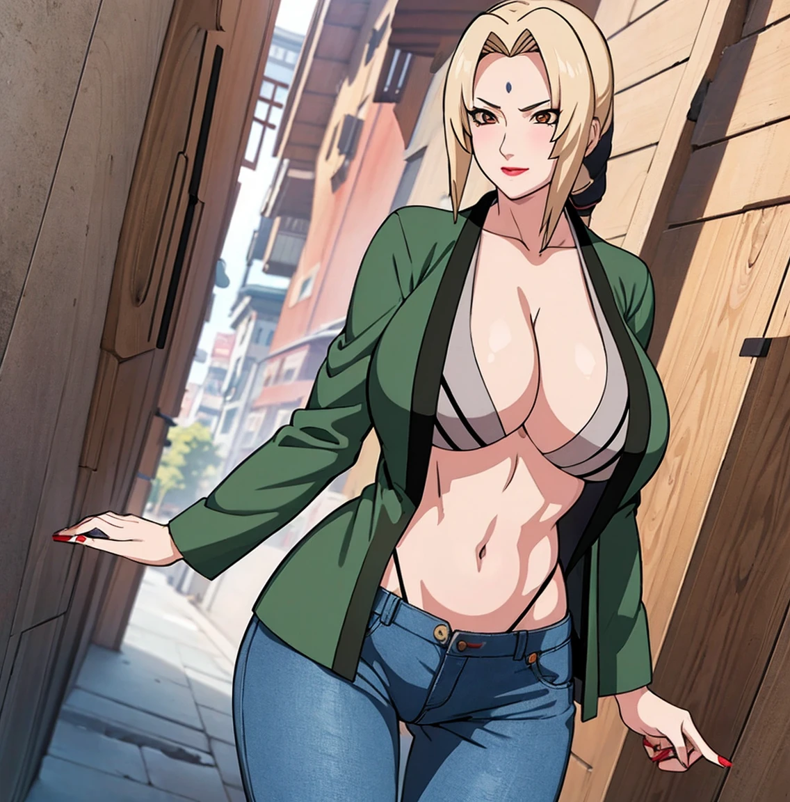 ((1girl)),((alone)), Tsunade senju,(masterpiece), (best quality), (ultra detailed), (best illustration), (best shadow), (absurdities), sharp focus, cowboy photo , looking at the viewer, big breasts, narrow waist, wide hips, medium thighs, round butt, dynamic posture, naughty face, breasts out, green coat, beautiful, blonde hair, long white hair, with brown eyes, red lips, pencils lipsticks, smile, have a red face , huge breasts, tsunade, very sensual, green shirt, high neck, sleeveless, blue jeans, tight jeans, exposed waist, navel, open heels, , seductive smile, closed mouth, (sexy pose: 1.2), alone, standing: 1.3, outdoor, cityscape, city, streets, city lights, looking forward, ((focus on thighs)), point of view (from below), red blush, perfect anatomy, perfect hands