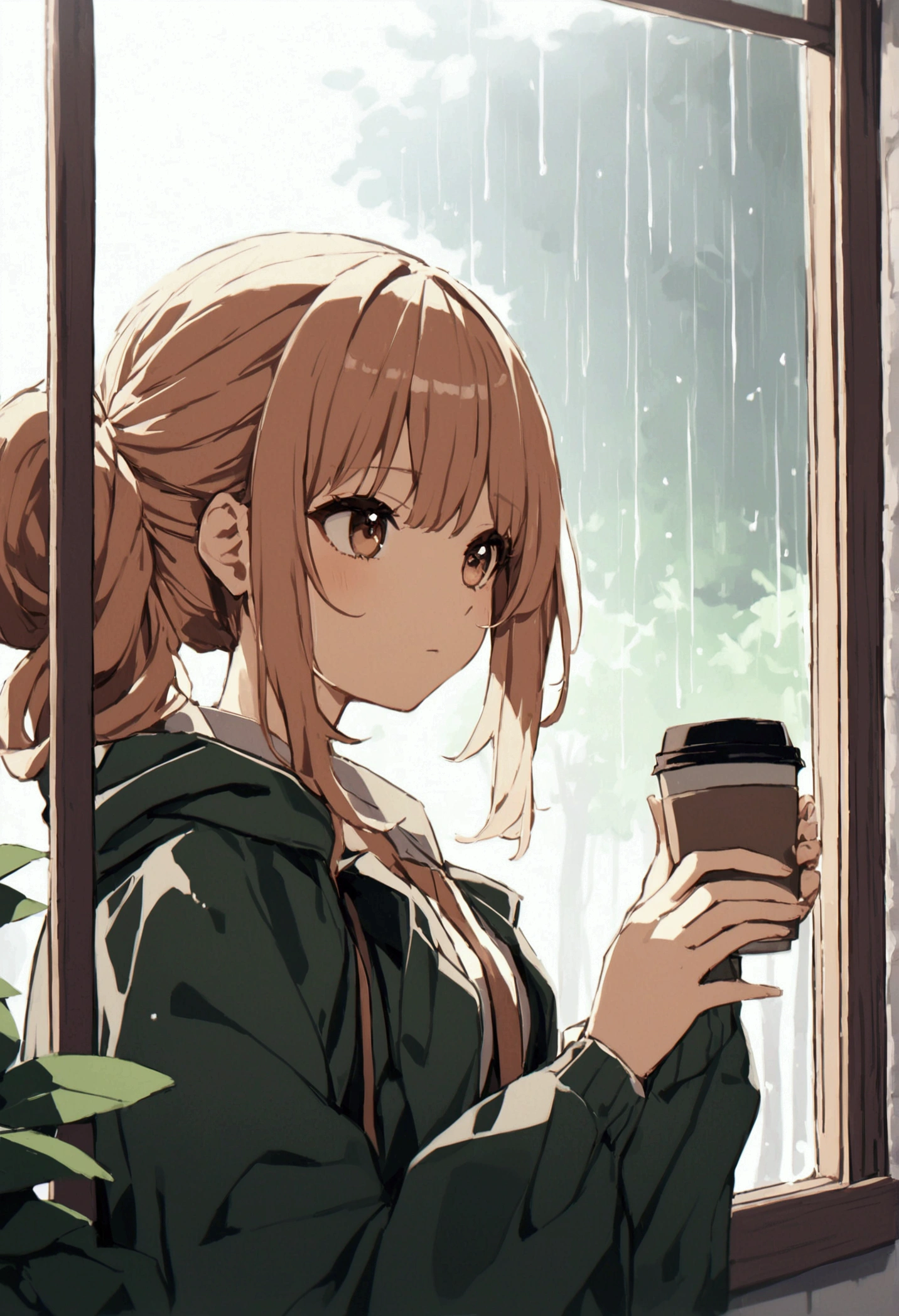 high resolution、One girl、Girl looks out the window、Bored look、Beautiful Hair、Beautiful appearance、Drinking coffee、２One Coffee、The girl is in the coffee shop、Unrelenting Rain、Heavy rain outside and passersby with umbrellas、Time flows slowly