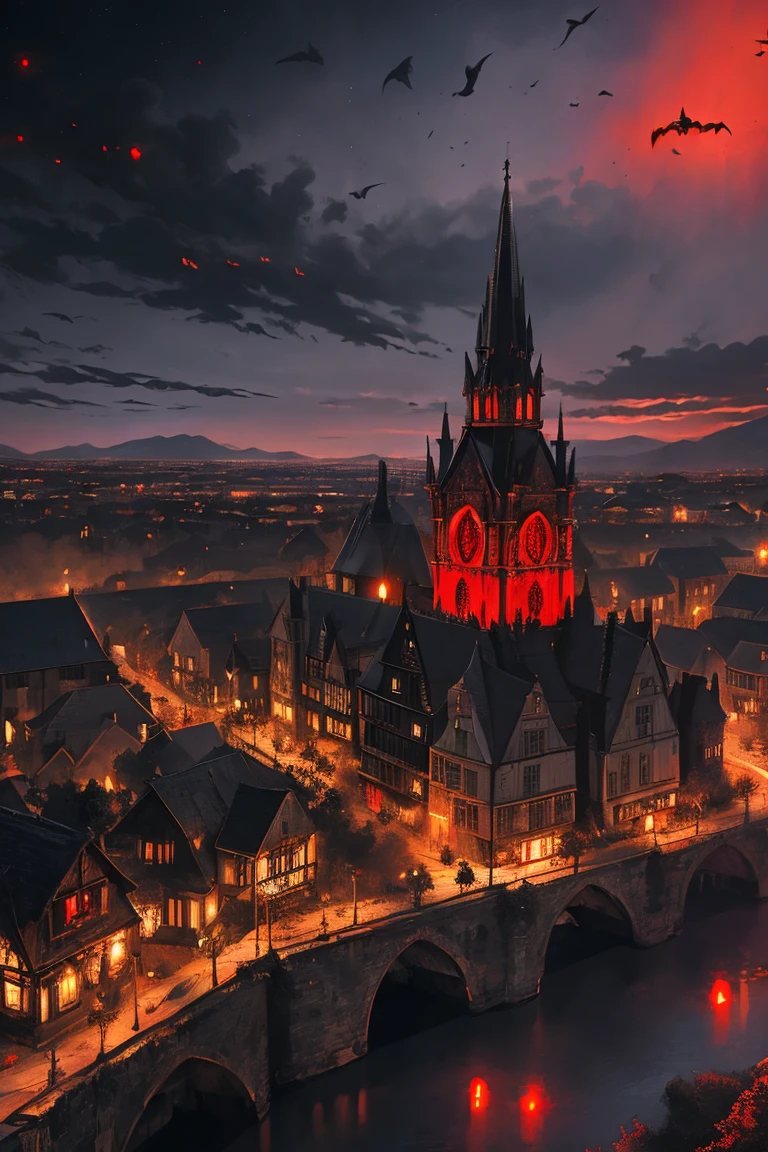 old European village shot with bird view, (Red glowing eyes), masterpiece, Depth of written boundary, Lutz, Gwaites style artwork, Gothic aesthetics, Dark Vampire village, ((in the dark gothic style cathle:1)), ((dark mid-night time:1.5)),