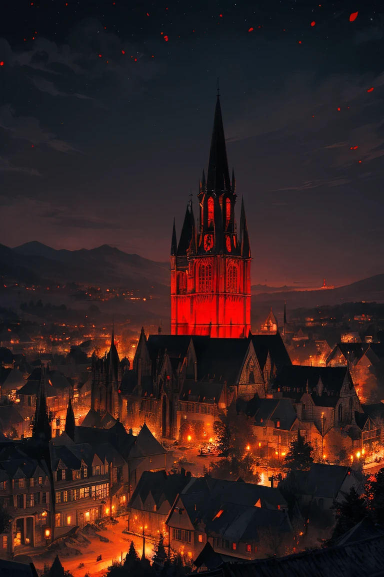 old European village shot with bird view, (Red glowing eyes), masterpiece, Depth of written boundary, Lutz, Gwaites style artwork, Gothic aesthetics, Dark Vampire village, ((in the dark gothic style cathle:1)), ((dark mid-night time:1.5)),