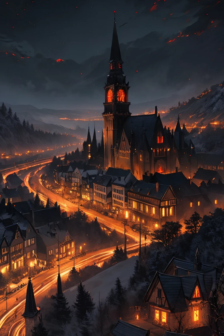 old European village shot with bird view, (Red glowing eyes), masterpiece, Depth of written boundary, Lutz, Gwaites style artwork, Gothic aesthetics, Dark Vampire village, ((in the dark gothic style cathle:1)), ((dark mid-night time:1.5)),