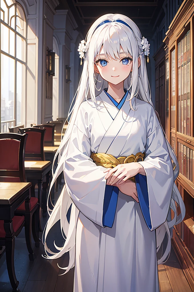 A young girl, around , white long hair, wearing a white kimono, smiling, slightly bowing her head, blue eyes, vivid appearance, happy scene, inside a library