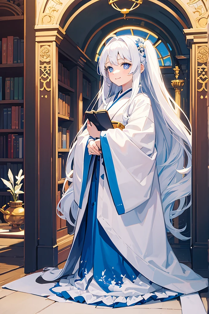 A young girl, around twelve years old, white long hair, wearing a white kimono, smiling, slightly bowing her head, blue eyes, vivid appearance, happy scene, inside a library