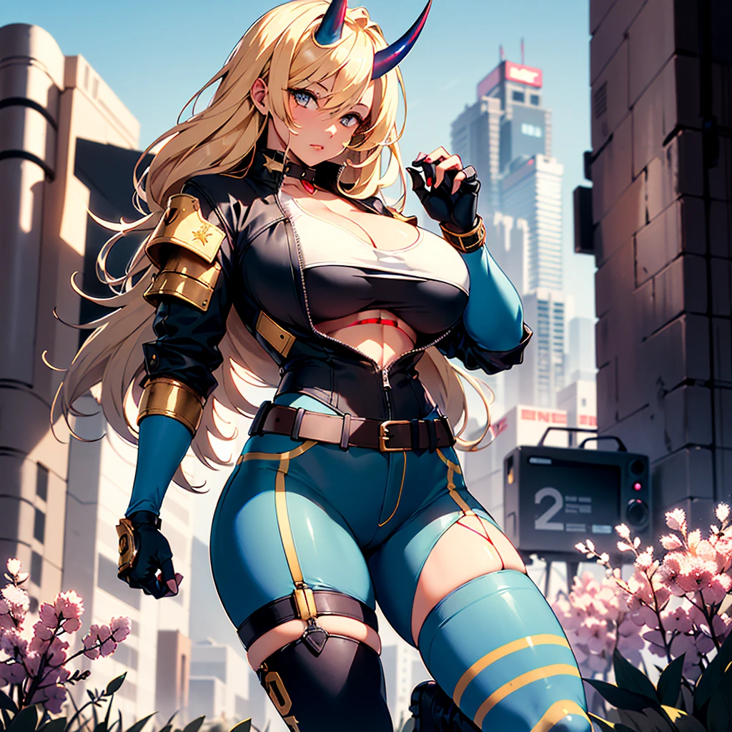 ((best quality)), ((masterpiece)), (detailed), 1girl, 8k_wallpaper, extremely detailed eyes, extremely detailed body, beautiful face, perfect face, detailed ((blonde hair)), (gold eyes), ((large big red and blue horns)), {{dark skin}}, ({dark skinned female}), gigantic , thick thighs, strong arm and leg muscles, strong abdominal muscles, Monster women, Korean women, wearing a modern short black cloth jacket with rolled up sleeves, (wearing heavy gold colored steel cyberpunk armor), a wide red leather belt with blue steel yarn, steel boots, steel thigh guards, a military radio hangs on her belt, a biker girl, she rides on anotheranet along a lilac field against the backdrop of a blue desert and high red mountains,
