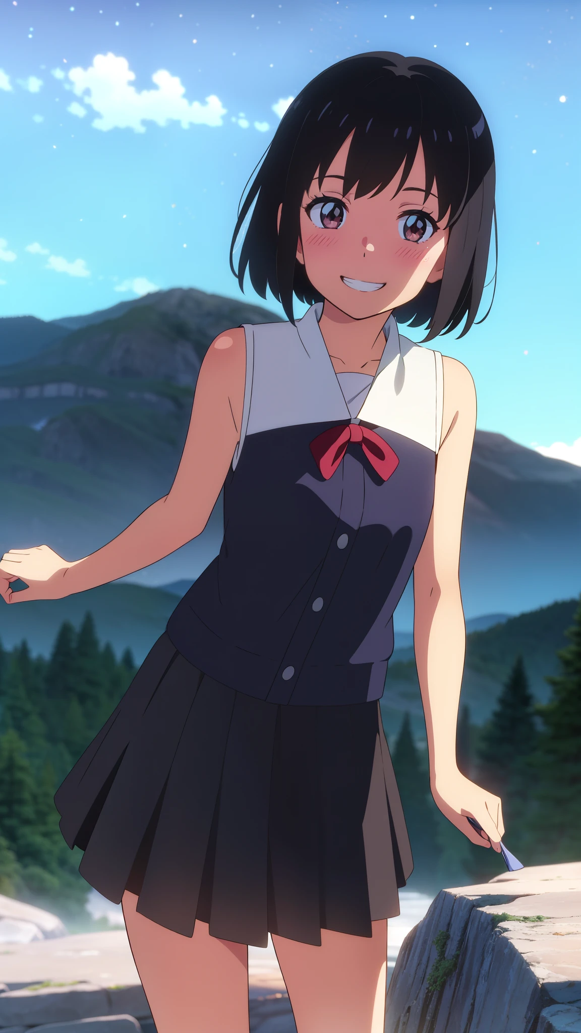 shinkai makoto, kimi no na wa., 1girl, bangs, black hair, blush, expressive eyes, brown eyes, perfect face, looking at the viewer, sleeveless dress, skirt, short hair, solo, outdoors, shinny skin, smile, cute, grin, night sky, mountains, rocks, (masterpiece), best quality