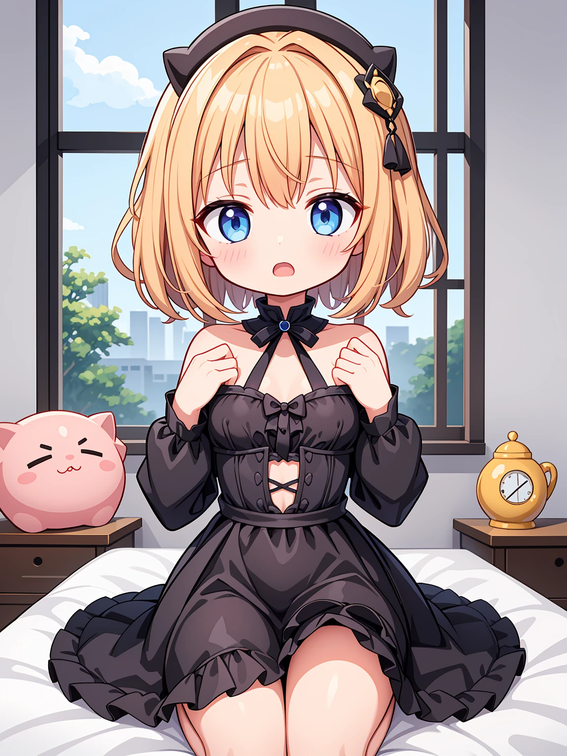 ultra detailed, masterpiece, dynamic lighting, best quality, BREAK, girl, (very small bust:1.6), (chibi:0.6), (cute girl:0.8), clear skinned female:1.2, , (clear skin:1.8), blonde hair, short hair, pixie cut, wavy hair, blue eyes, wake up yawn, open mouth, covering mouth, window, morning, looking at viewer, sitting, seiza, waking up, on bed, detailed hands, ((naked)), (erect nipples), (show pussy), pink nipples, BREAK, EasyNegativeV2