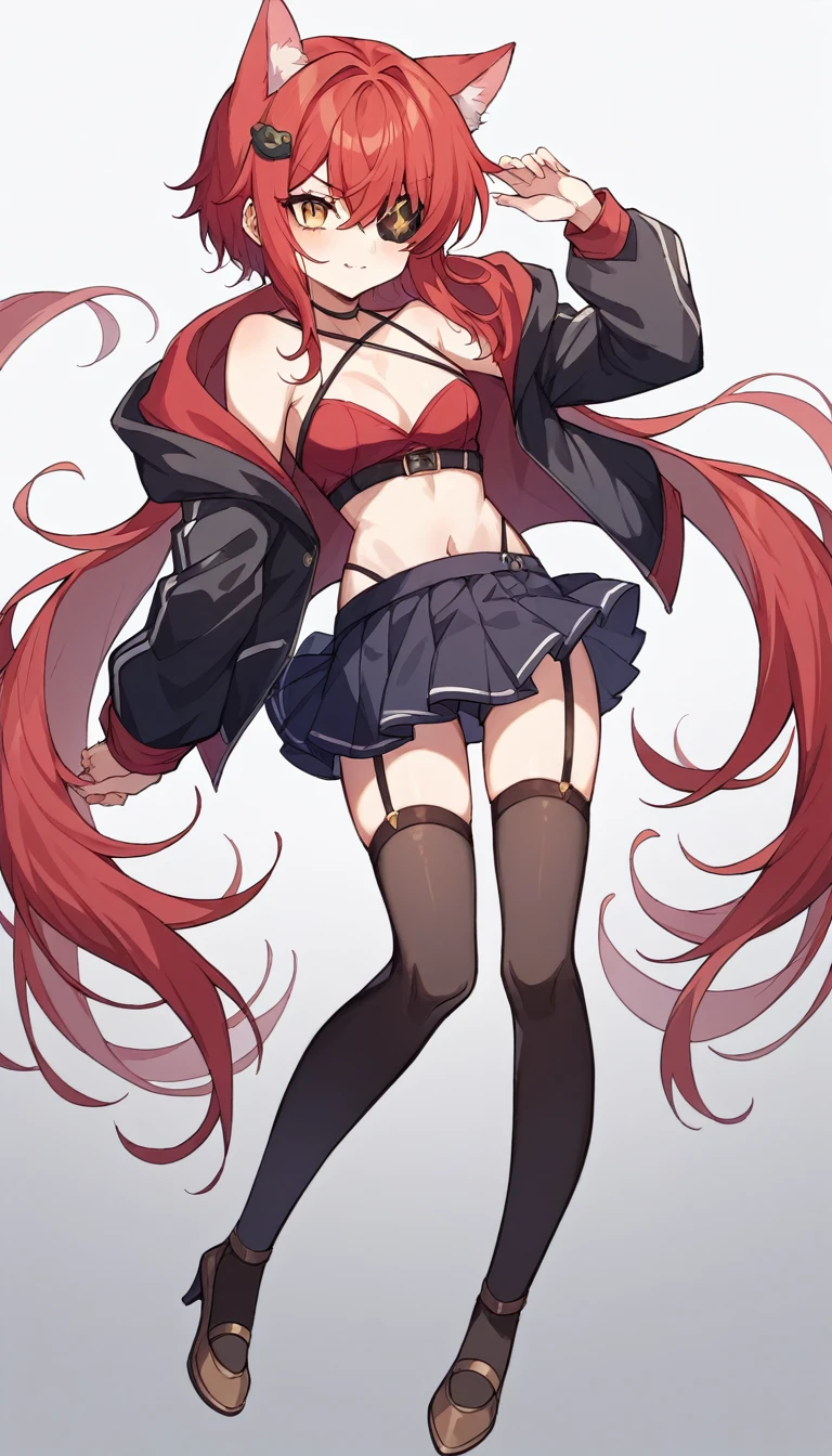 The character is a slender young woman.。She has reddish hair、Some of the hair is dyed white.、She has her hair styled in long twin tails.。Wearing a black jacket。The jacket is decorated with gold、It also has shoulder straps。Her outfit is sexy、Red bustier and mini skirt、Black Stockings、She is wearing brown high heels。Also、He has an eyepatch on his right eye、He has a mischievous look on his face.。The background is white。