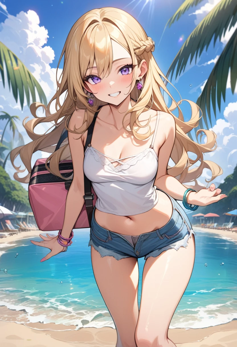 masterpiece, best quality, extremely detailed, ultra detailed, flat anime, 2D,
1girl, (young adult:1.2),blonde hair, (semi-long hair:1.2), curly hair, french braid,medium breasts, tsurime, purple eyes,earring,bracelet,height 1.7meters,
smile, pink sneaker, denim shorts, camisole, beach bag,
{{happy}}, (dynamic:1.7), (full body:1.7), outdoors, summer, facing viewer