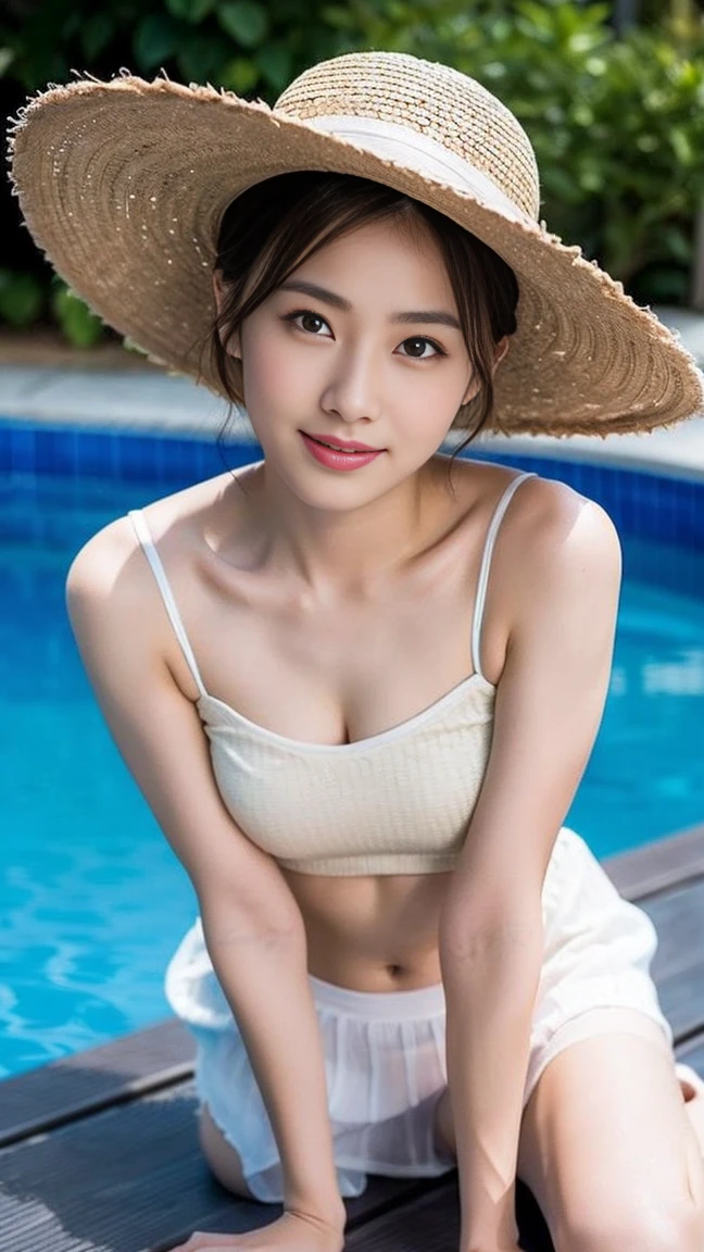 Dark brown hair、Light brown eyes、Japanese actress、 Lady、I am about 40 years old......、(Intricate details:1.2)、(Which is the top??????:1.4)、 (Ultra-high resolution:1.2)、Ultra-high resolution、(Fine-tune)、(Detailed facial features)、Hmph、8k resolution、I-cup size big、Long Hair、Updostyle, Updo、Hair Bun、1 girl, Deep sorrowの表情, (Very detailed美しい顔), (camisole:1.5), (Exposing shoulders and stomach:1.3), (Highest quality:1.4), (Very detailed)、Beautiful fair skin with transparency,、Top View、 Please open your mouth a little、Her legs are visible through the dress、Deep sorrow、Pose of Weakness、Obscene pose、Sit on the pool bed、、By the pool、Beach Bed、Summer cot、Wide-brimmed hat、Actress Cap、under the sun、sunlight、Wide-brimmed hat、Straw hat、Hats to wear at the resort、One eye is hidden by the brim of his hat、elegant、smile、Spread your legs