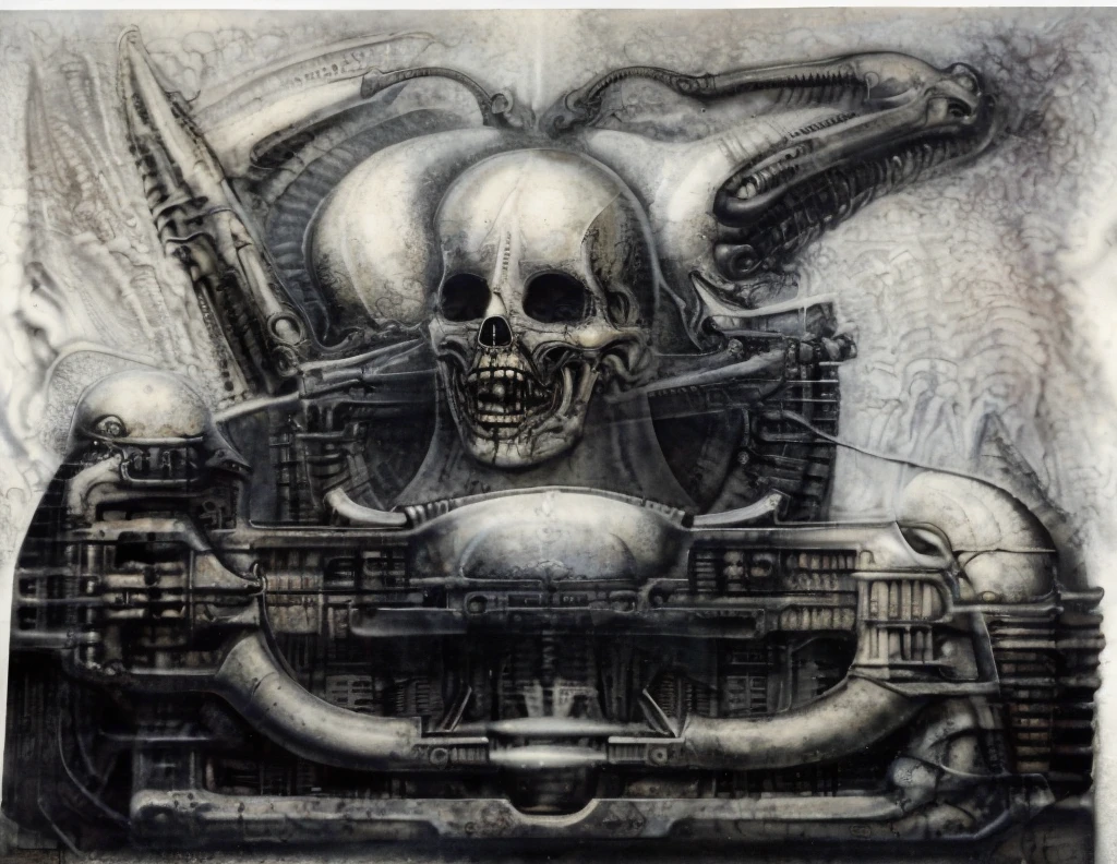 The image is a detailed view of H.R. Giger's \" Biomechanical Landscape V \" plate, featuring a complex network of bones organs and mashines in a low saturration purple-brown hue ,swirling gray and brown colors. The artwork is silver and purplish brown, with an ivory bones prominently displayed. It features the dance of half machine creatures, emotions highly exposedThe image is a surrealistic painting featuring a skull with a long tongue licking itself, surrounded by intricate machinery. The image is highly detailed and intricate, almost like a 3d version of a medical diagram (detailed view of an anatomy model, possibly of a robotic body, with transparent organs and bones exposed). The piece has a thick mechano-organic texture and is covered in fine details. The image has a swirling, organic quality to it. The artistic manner would be unmistakably Gigeresque. A dark and unsettling beauty would permeate the piece, blurring the lines between fascination and repulsion , forever haunted by the grotesque allure. Giger's signature artistic manner would be evident in every stroke. The airbrush would be wielded with masterful precision to create a hyperrealistic yet nightmarish aesthetic.The piece is a tableau, most likely created with a India ink pen or pencil on paper, determined by the thin lines, shading techniques, and the texture of the paper, which is visible around the edges.
Used is pen, given the shading and variations in line weight visible in the image. Artist have used a variety of stylus with different degrees of hardness to achieve the shading effects.
The use of undersaturated green-grays dark contrasts creates a stark and graphic look. Is used a variety of linework techniques to create different textures. Fine, parallel lines create a smooth, metallic texture,while thicker, more cursive lines suggest cables or wires.
Light source from the top highlights skeletals, pper part of foreground, lower part of image is in shadowupper part of foreground, lower par