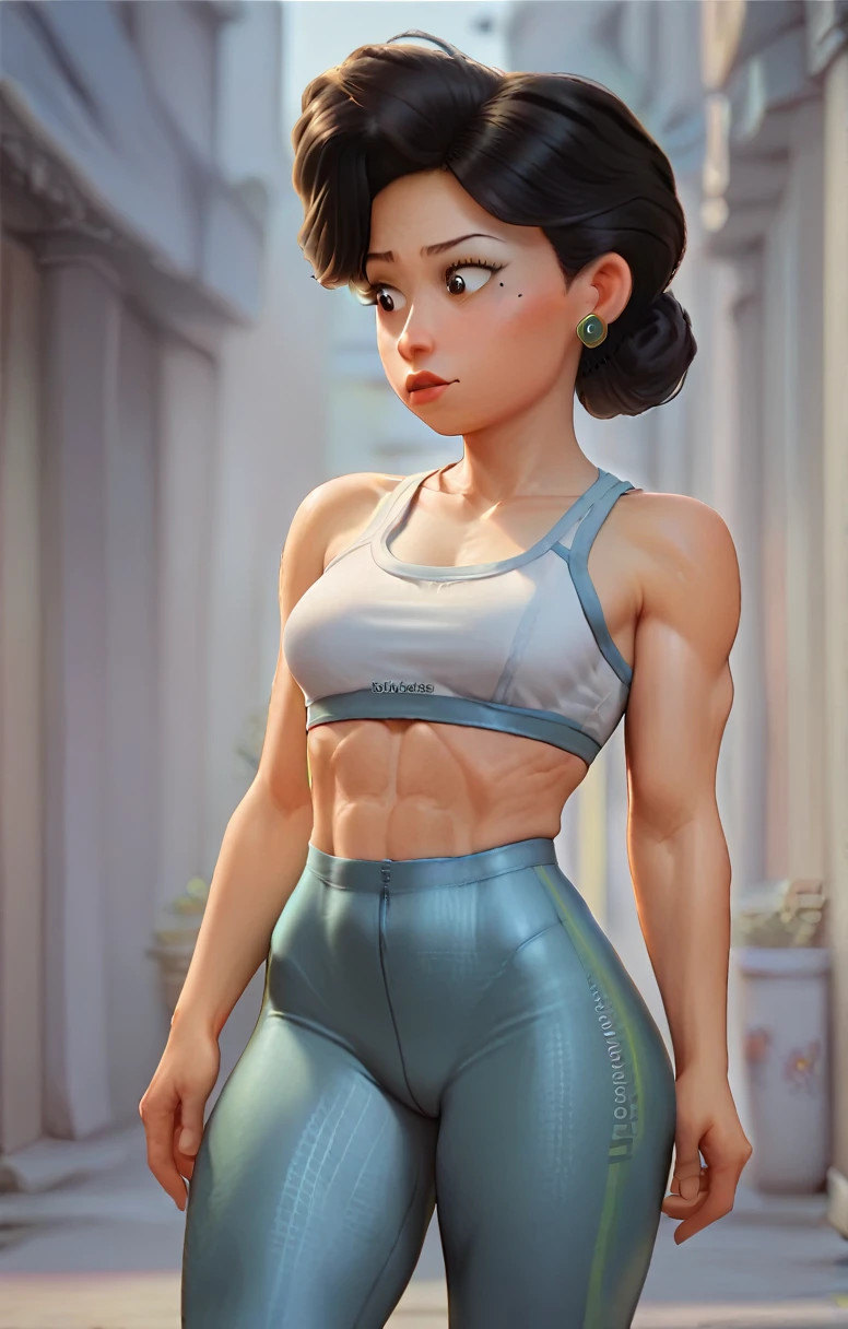 culona, small hips, large legs, bodybuilding leggings top a white top, long black hair up to the waist,indigenous traits an expression of happiness and mystery