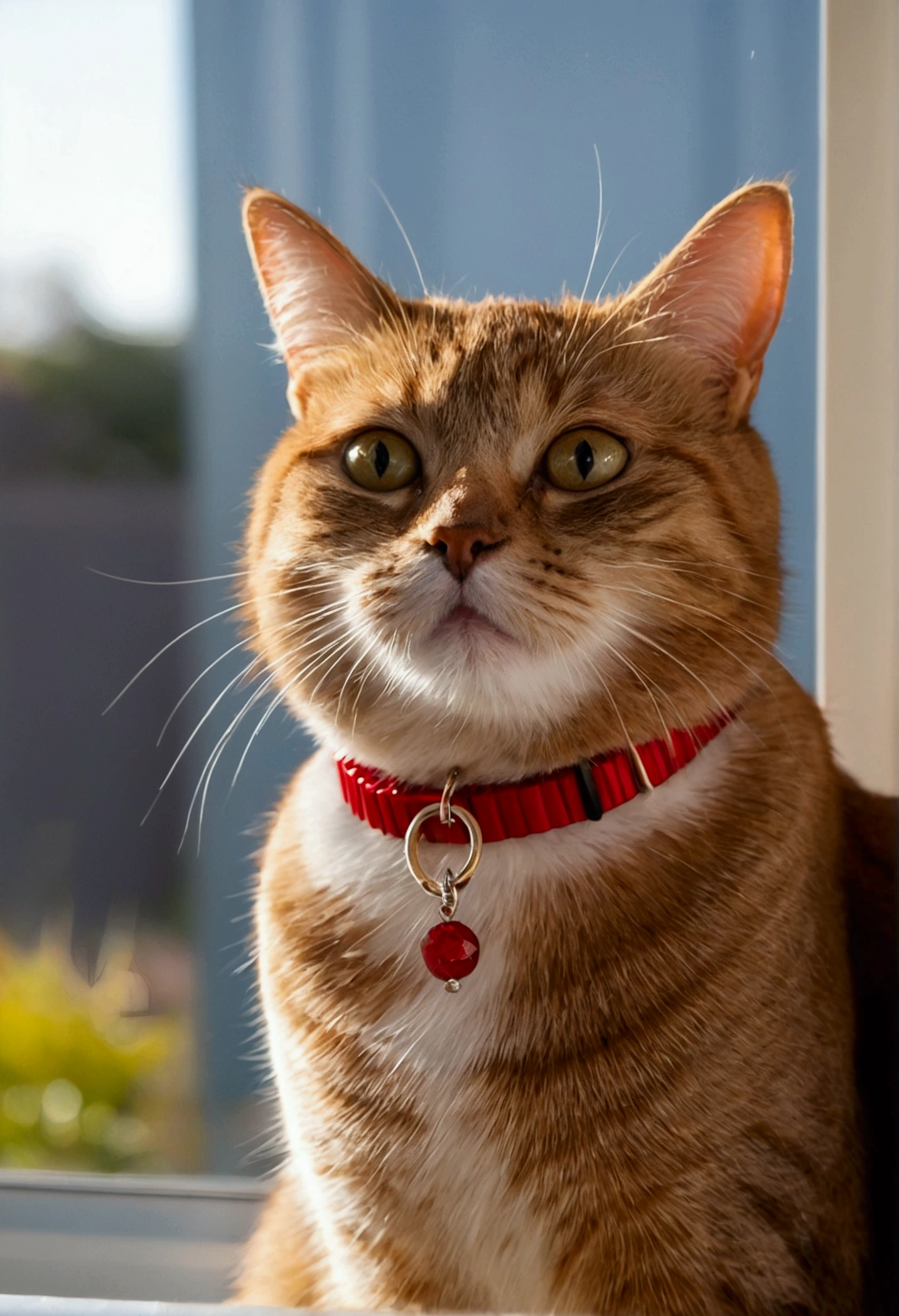  Un chat rayé avec un collier rouge, nommé Max, est en train de sauter gracieusement par une fenêtre ouverte. La lumière du soleil illumine son pelage, et l'expression sur son visage montre une détermination intrépide.