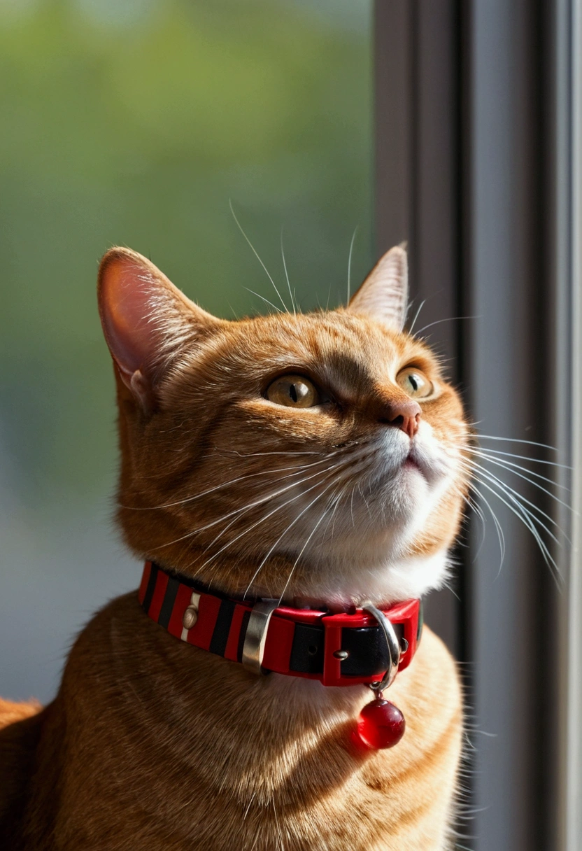 Un chat rayé avec un collier rouge, nommé Max, est en train de sauter gracieusement par une fenêtre ouverte. La lumière du soleil illumine son pelage, et l'expression sur son visage montre une détermination intrépide.