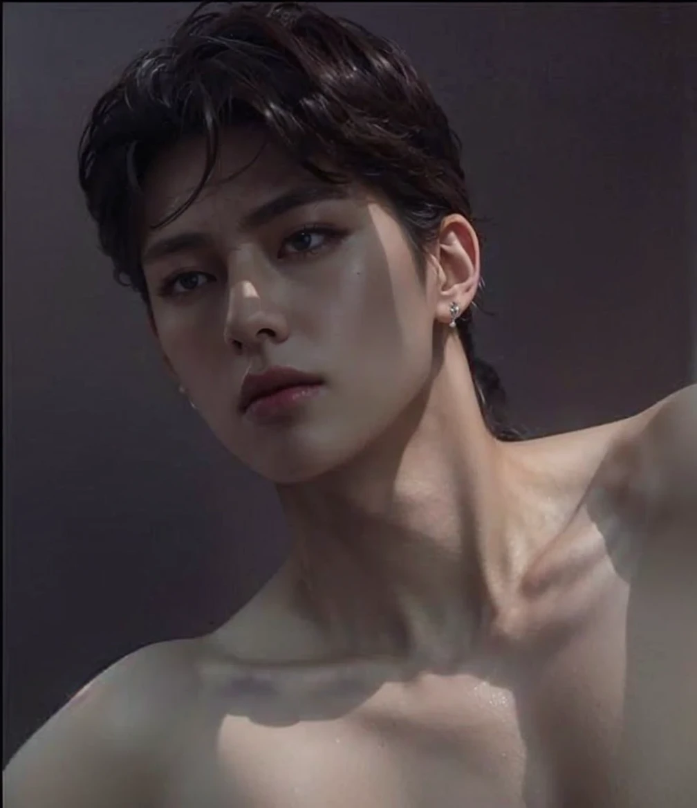just change the face for kim Taehyung ((Best Quality, 8K, masterpiece: 1.3))、Cool Korean man, 120 year old man、Korean style long hair、((realistic details)) 、Handsome nose, Detailed eyes, detailed face、Beautiful lighting、(studio)、High Resolution、mouth details、whole body: 1.5, perfect body figure: 1.picture of both shoulders, handsome guy beautiful androgynous prince, artwork in the style of guweiz, delicate androgynous prince.((fix the eyes))
