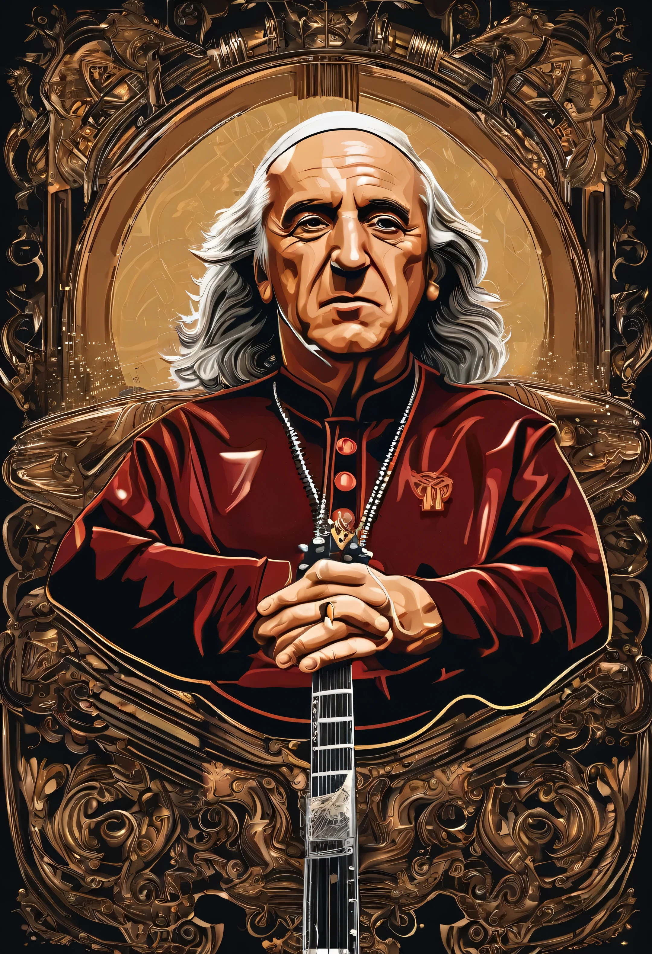 artistry, 3D vector illustration, darkness background, artistry pope, centred, from front view, hyperdetailed, Members of the rock band ACDC