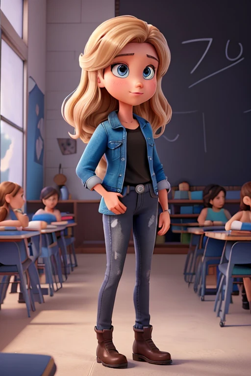 **Style:** Disney Pixar type cartoon, high quality, Best Quality. **characters:** * **Women:** * Wear black heeled boots, blue skinny jean, black shirt and blue jean jacket. * He is standing in a classroom, in front of a white board.  behind the woman, on the white board, There is a painting with the image of the face of Jesus. * The painting is painted in charcoal on white paper. * The image of Jesus&#39; face is visible and clear. * He holds a pointer in his right hand and points toward the painting with his left hand.. * His mouth is open in a speaking expression. **chart:** * behind the woman, on the white board, There is a painting with the image of the face of Jesus. * The painting is painted in charcoal on white paper. * The image of Jesus&#39; face is visible and clear. * The mouth of Jesus&#39; face is also open in a speaking expression. **Additional details:** * The classroom is illuminated with natural light coming through the windows.. * On the walls of the classroom there are posters with information about Leonardo Da Vinci. * The students are sitting at their desks, listening carefully to the woman&#39;s presentation. **Final image:** The final image should be a vibrant and dynamic representation of the woman lecturing on Leonardo Da Vinci. The painting of Jesus&#39; face should be a point