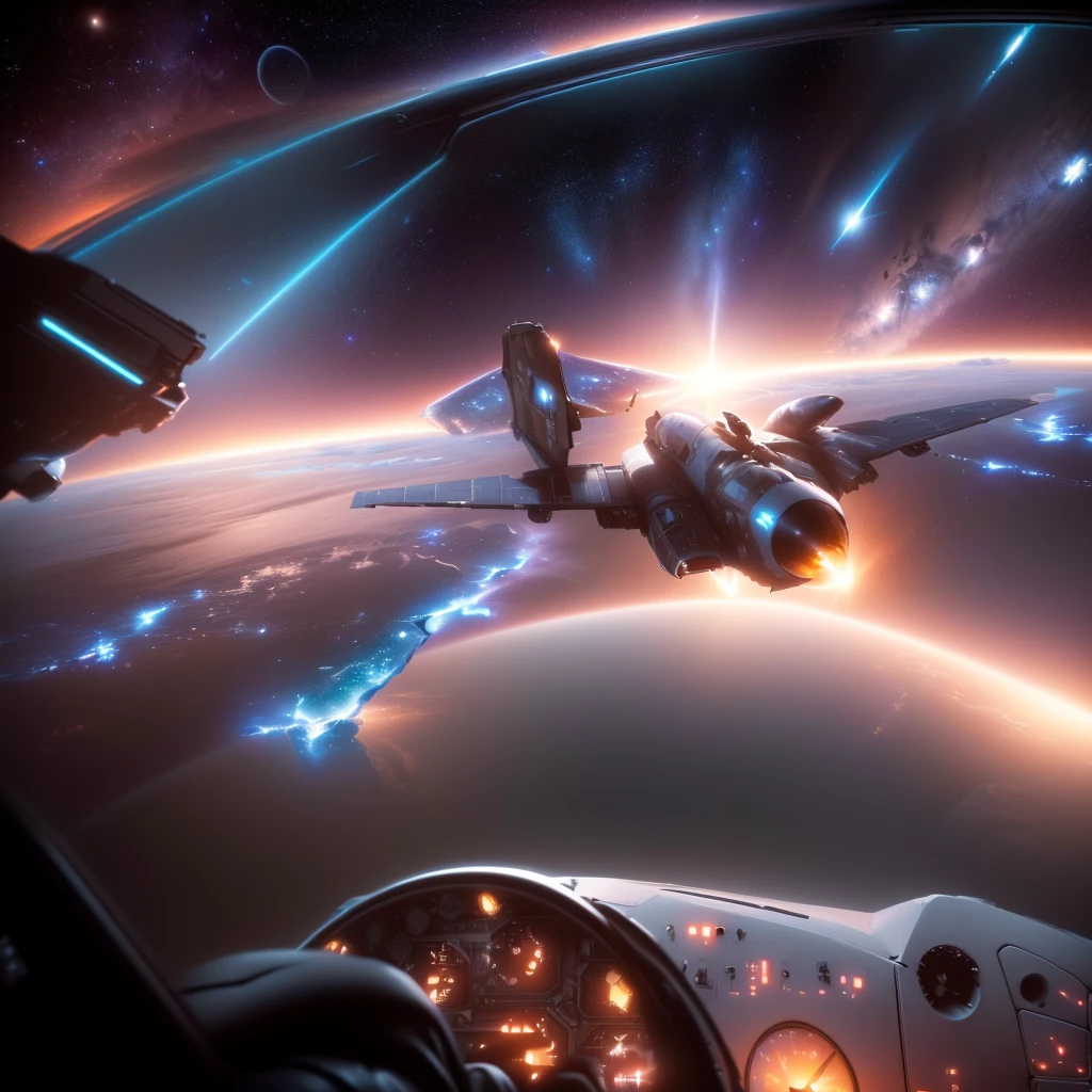 a dramatic, highly detailed, cinematic scene of a fighter pilot in the cockpit of their spacecraft, soaring through the vastness of space, engaged in an intense space battle against a backdrop of a distant planet, surrounded by swirling meteorites and celestial phenomena, hyper-realistic, 8k, dramatic lighting, award-winning sci-fi concept art
