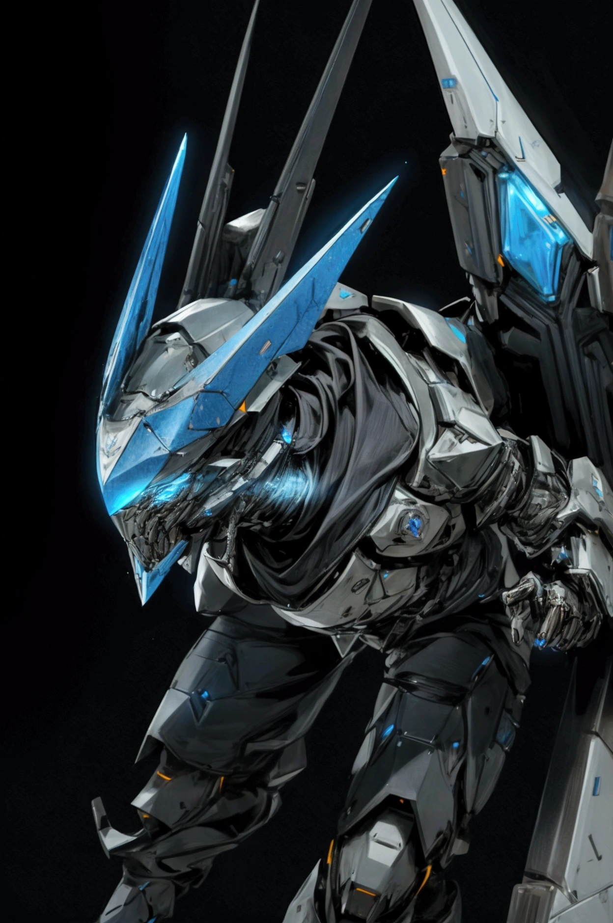 black background with aggressive blue lights, man with cyber punk style templar armor, technological ice style lots of ice