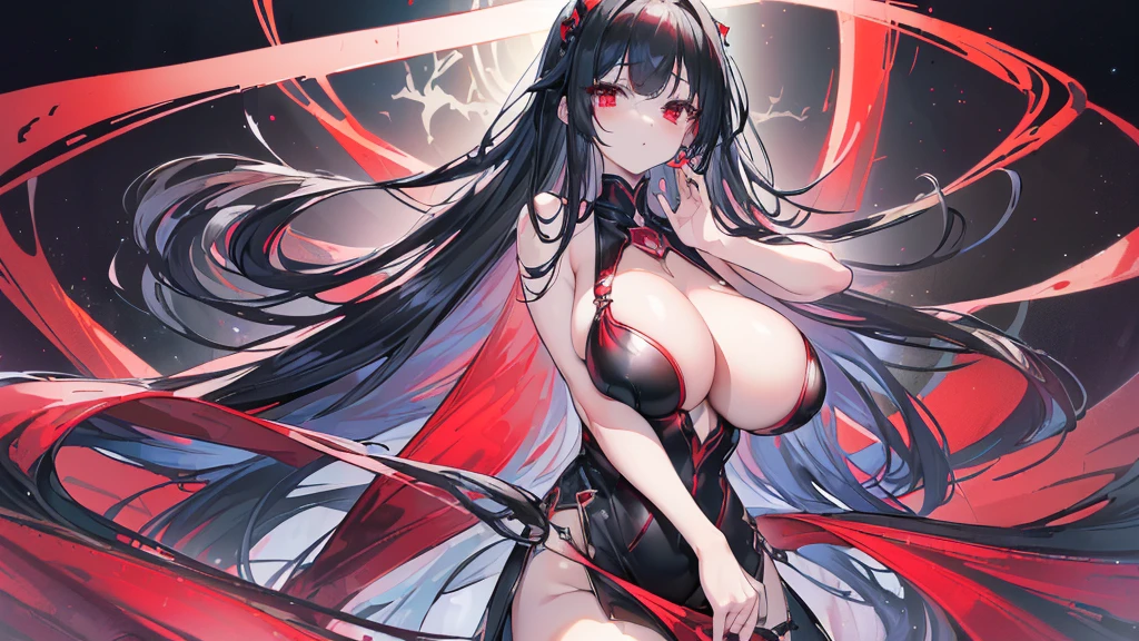 (Exquisite eyes),(Clear and beautiful eyes:1.61),masterpiece, ung girl,(Black clothes and some red gems), Black long hair, (She has a huge red gem on her chest), Good Hand,((The Havoc of StarCraft)),full-body shot,Fighting Stance,(Red Eyes:1.466),short and small,(Very big breasts:1.35),(Pretty Face),(full-body shot:1.33),Beautiful hands