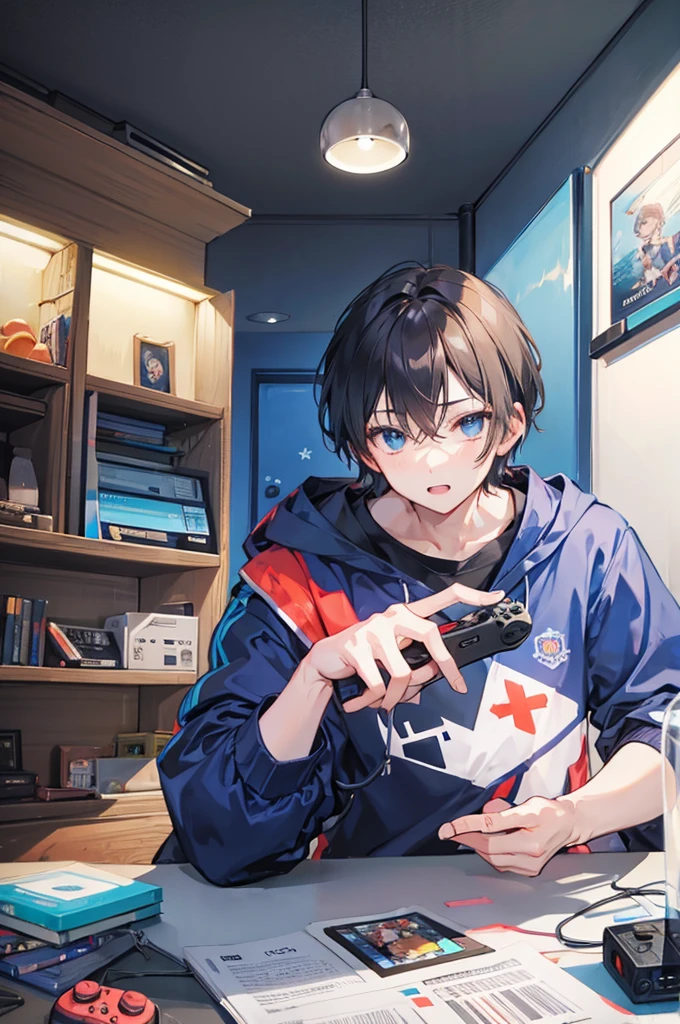 logo of boy playing fun game with controller with a glass near it