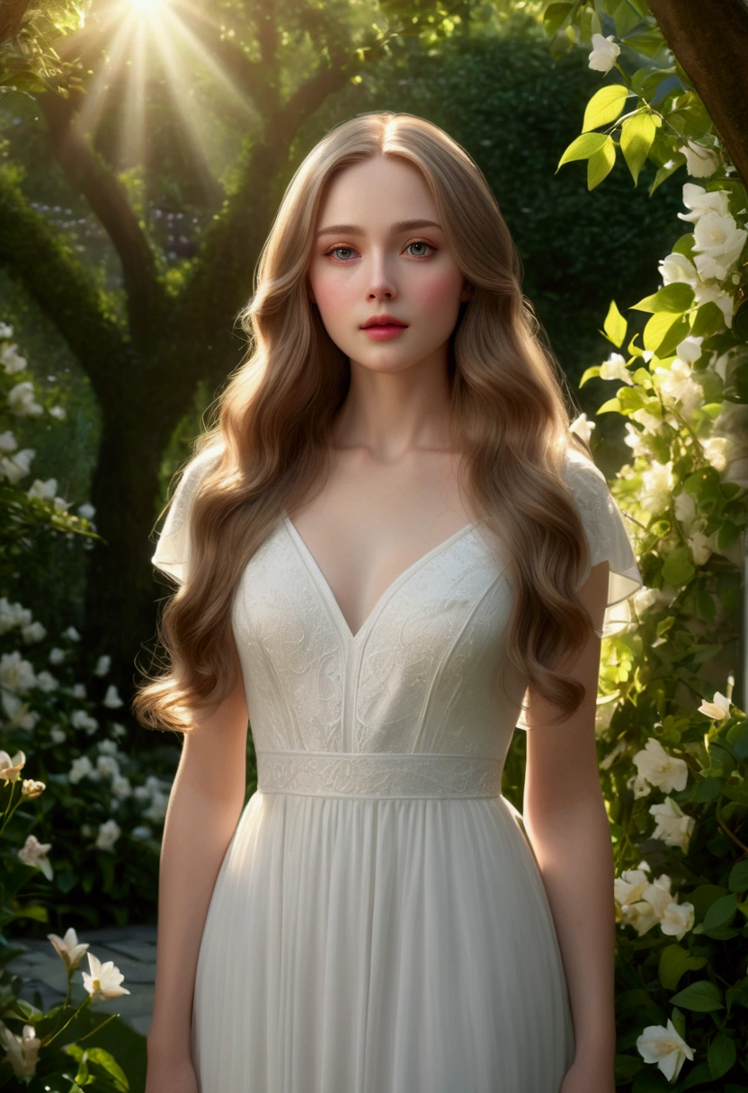 a beautiful young virgin woman, long flowing hair, delicate facial features, serene expression, flawless porcelain skin, wearing a flowing white dress, standing in a lush garden, sunlight filtering through the trees, (best quality,4k,8k,highres,masterpiece:1.2),ultra-detailed,(realistic,photorealistic,photo-realistic:1.37),detailed eyes,detailed lips,intricate details,cinematic lighting,dreamlike atmosphere,muted color palette