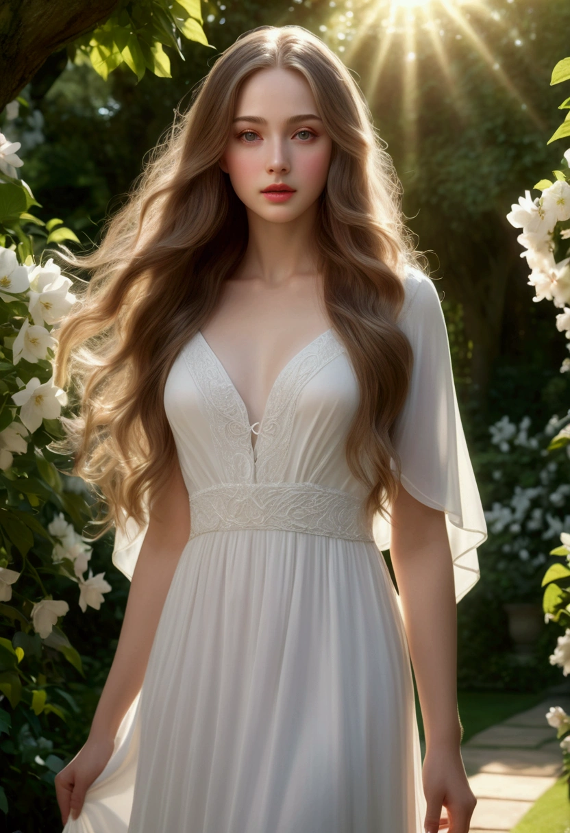a beautiful young virgin woman, long flowing hair, delicate facial features, serene expression, flawless porcelain skin, wearing a flowing white dress, standing in a lush garden, sunlight filtering through the trees, (best quality,4k,8k,highres,masterpiece:1.2),ultra-detailed,(realistic,photorealistic,photo-realistic:1.37),detailed eyes,detailed lips,intricate details,cinematic lighting,dreamlike atmosphere,muted color palette
