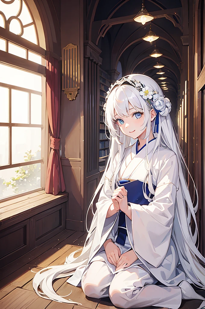 A young girl, around twelve years old, white long hair, wearing a white kimono, smiling, slightly bowing her head, confused, blue eyes, vivid appearance, happy scene, inside a library