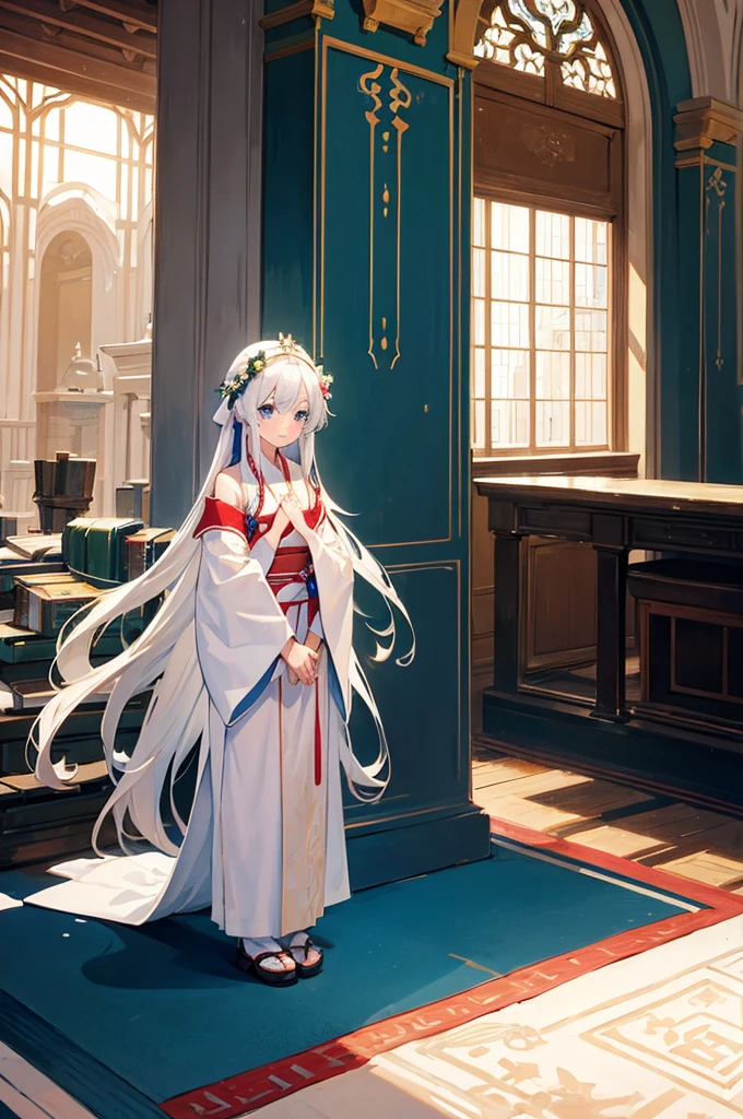 A young girl, around twelve years old, white long hair, wearing a white kimono, smiling, slightly bowing her head, confused, blue eyes, vivid appearance, happy scene, inside a library