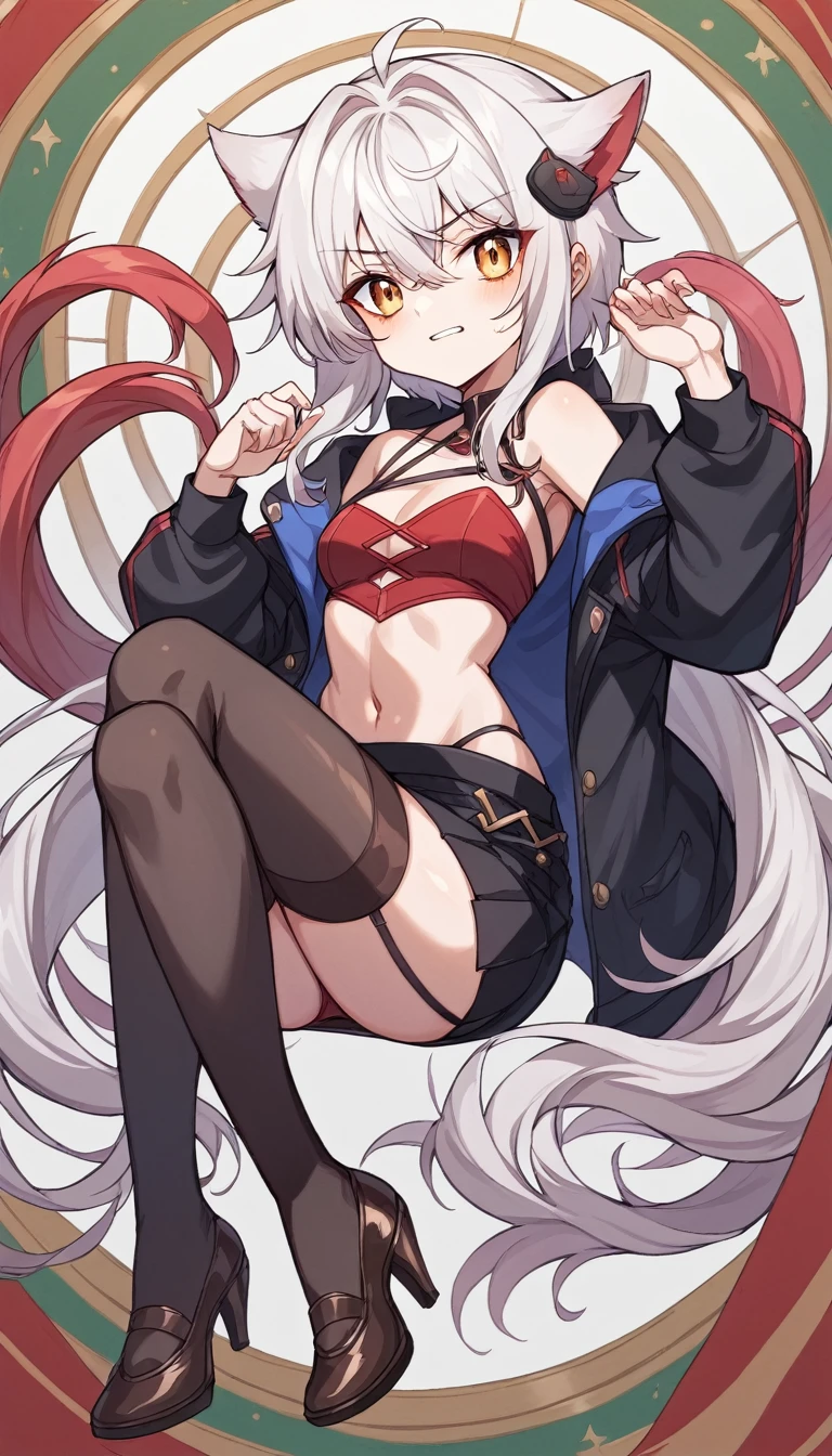 The character is a slender young woman.。She has reddish hair、Some of the hair is dyed white.、She has her hair styled in long twin tails.。Wearing a black jacket。The jacket is decorated with gold、It also has shoulder straps。Her outfit is sexy、Red bustier and mini skirt、Black Stockings、She is wearing brown high heels。Also、He has an eyepatch on his right eye、He has a mischievous look on his face.。The background is white。