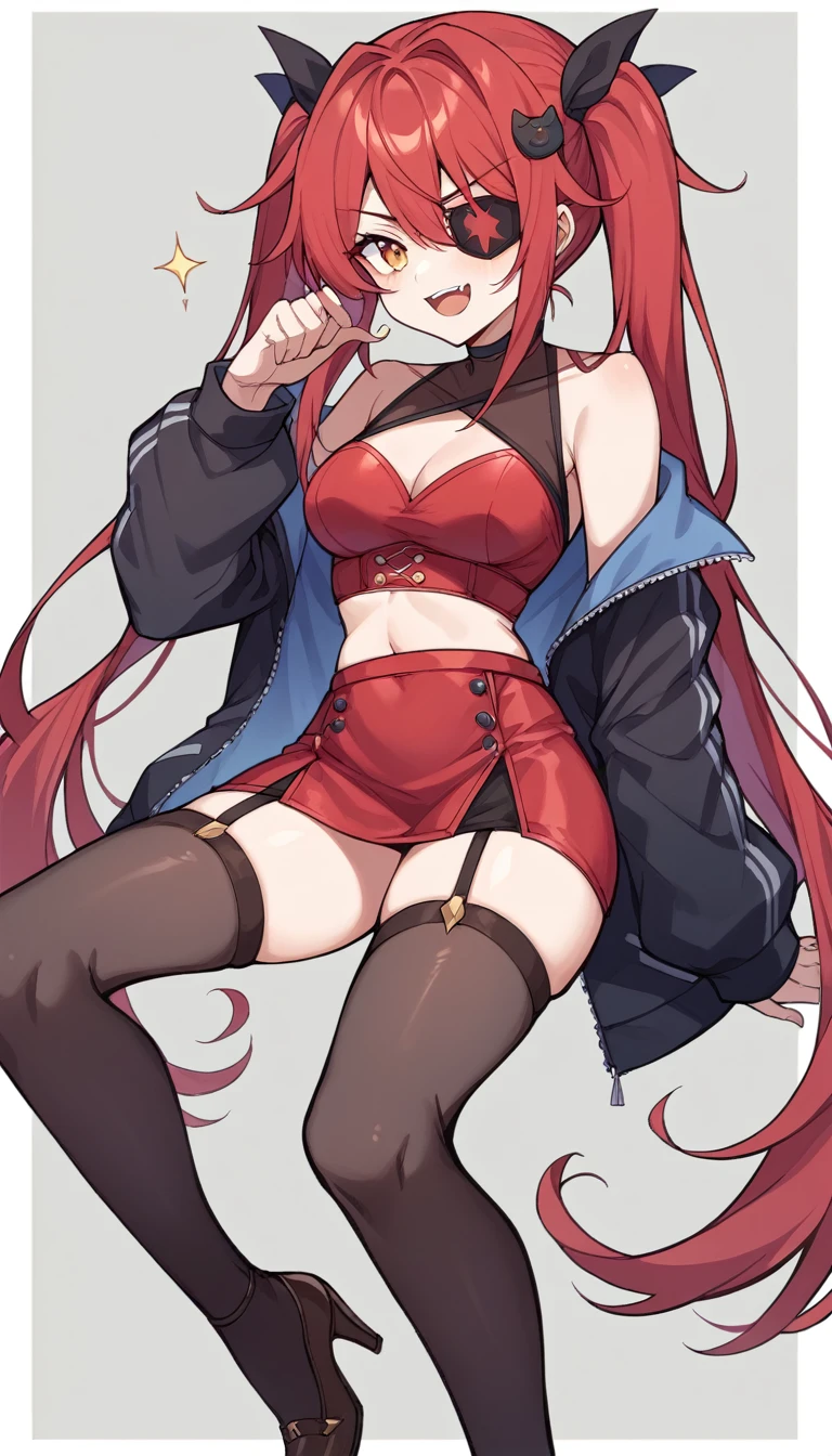 The character is a slender young woman.。She has reddish hair、Some of the hair is dyed white.、She has her hair styled in long twin tails.。Wearing a black jacket。The jacket is decorated with gold、It also has shoulder straps。Her outfit is sexy、Red bustier and mini skirt、Black Stockings、She is wearing brown high heels。Also、He has an eyepatch on his right eye、He has a mischievous look on his face.。The background is white。
