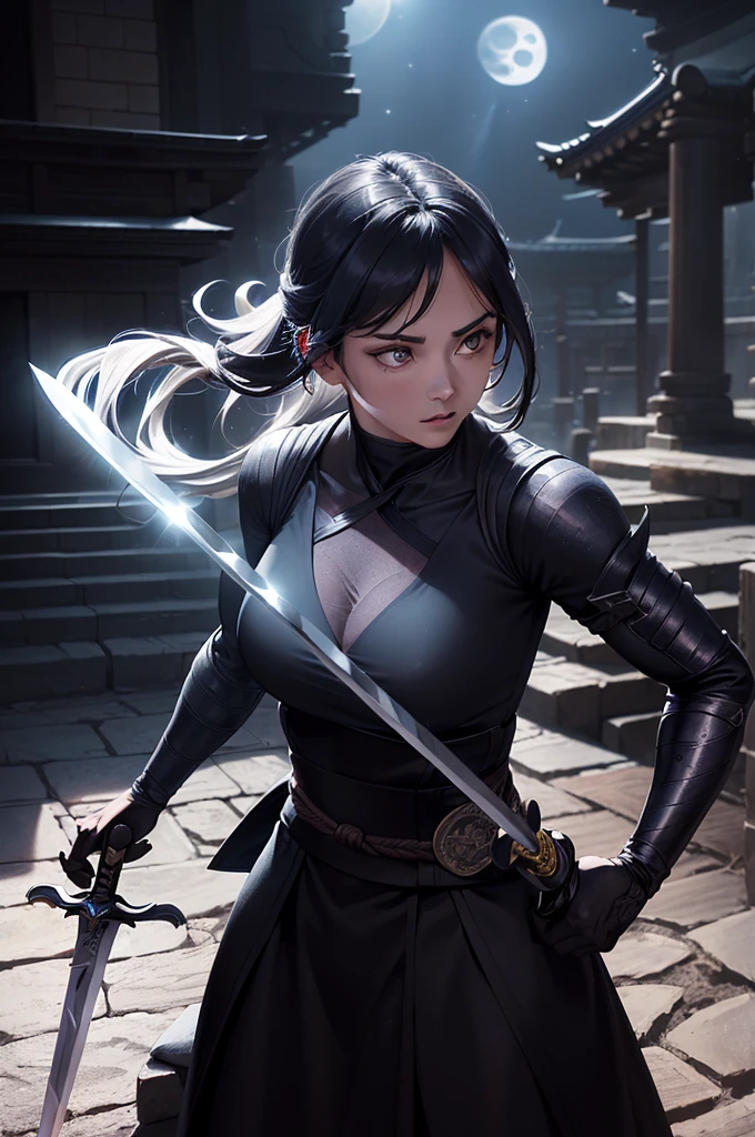 A Ninja Wrapped in Shadows stands in an ancient temple, their Almost a ghostly being. (masterpiece:1.2, Highest quality), (Beautiful, detailed eyes: 1.2), (Detailed Background, Dark fantasy), (Beautifully detailed face), High Contrast, (Best lighting, Very delicate and beautiful), ((Cinematic Light)), (Ninja Wrapped in Shadows:1.4), (Almost a ghostly being:1.3), (The twinkle of a polished sword:1.5), (Catch the moonlight rays:1.3), (Atmosphere tension:1.3), (Expectations for the next move:1.4), (Very detailed), (Sharp focus), (Realistic).