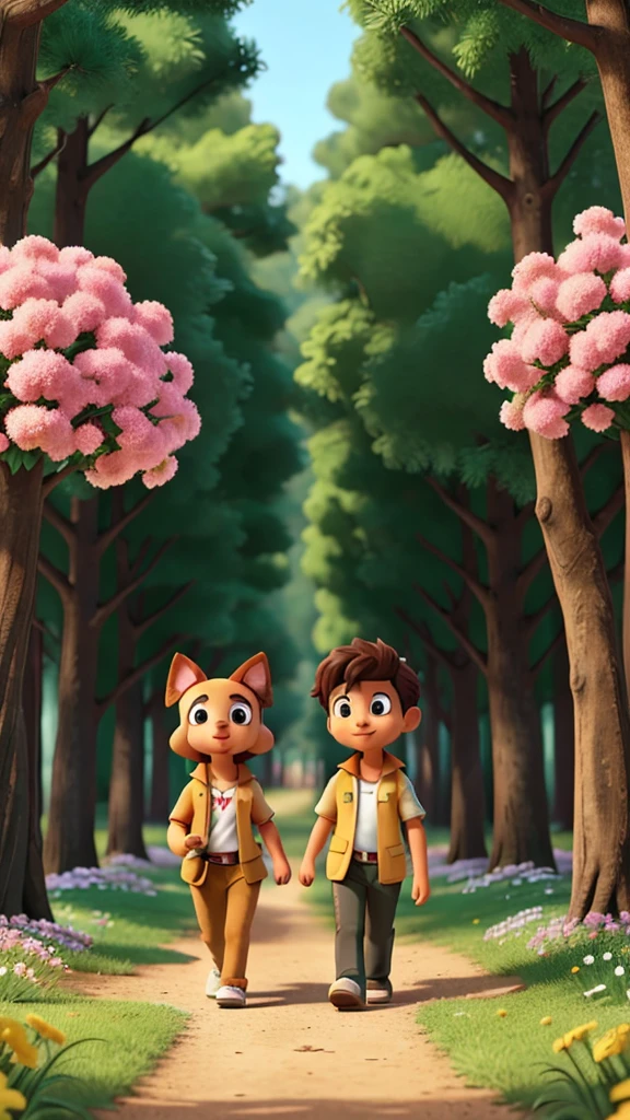 A male dog and a female dog are walking in a fantastic forest full of flowers