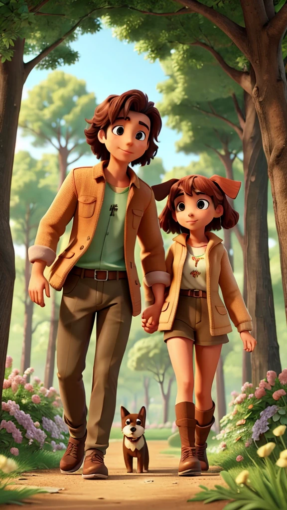 A male dog and a female dog are walking in a fantastic forest full of flowers