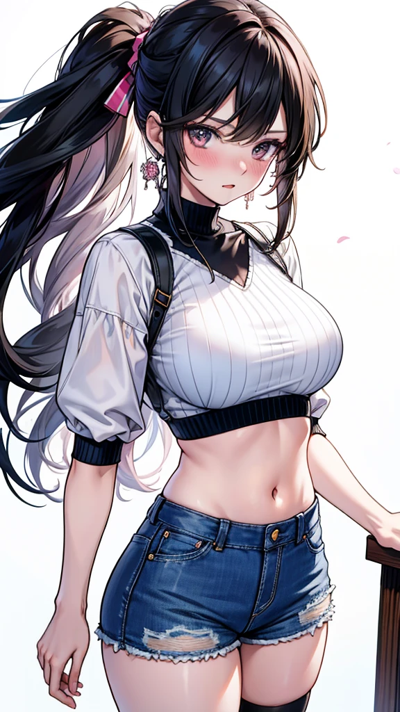 20 years old,1 mature woman,hyperrealistic, 8k, (extremely detailed 8k), (very delicate and beautiful), (masterpiece), (better quality:1.0), (ultra high resolution:1.0), (masterpiece, best quality),cute,black hair,cowboy shot,white background,realistic skin,Crop Top, Denim Shorts, Striped Knee Socks,breast hold,big breasts,nose blush,pink nail,forehead,leaning forward
