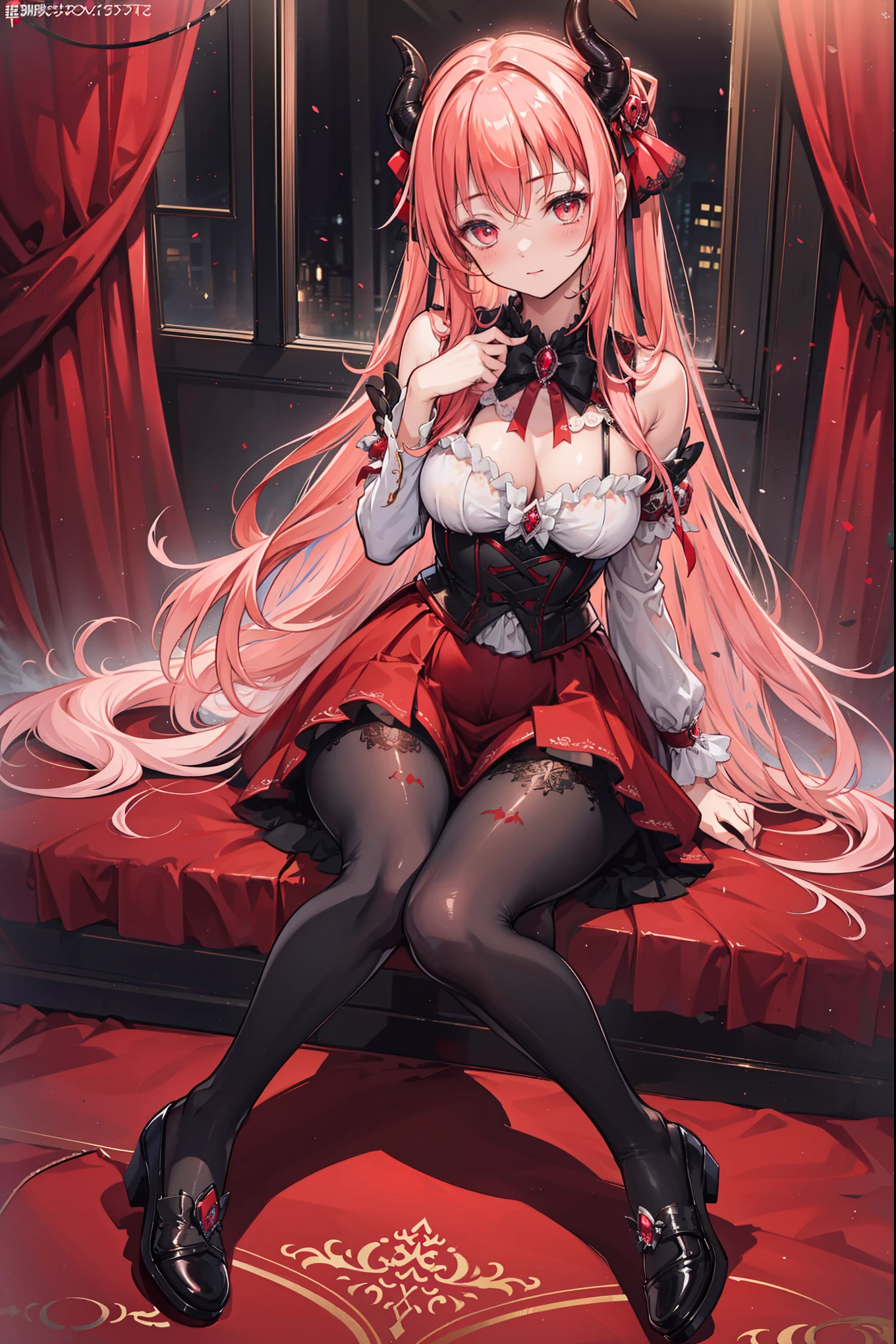 a girl with a black skirt and a small red shirt on top of is red stockings . red zip up hoodie, black shirt underneath with short sleeves and ,red hair, long hair and a flower with a ribbon on the bottom on the side on the hair and red eyes has a black Choker , and a small heart red necklace , has a ribbon bow waistband, main color red , full body
