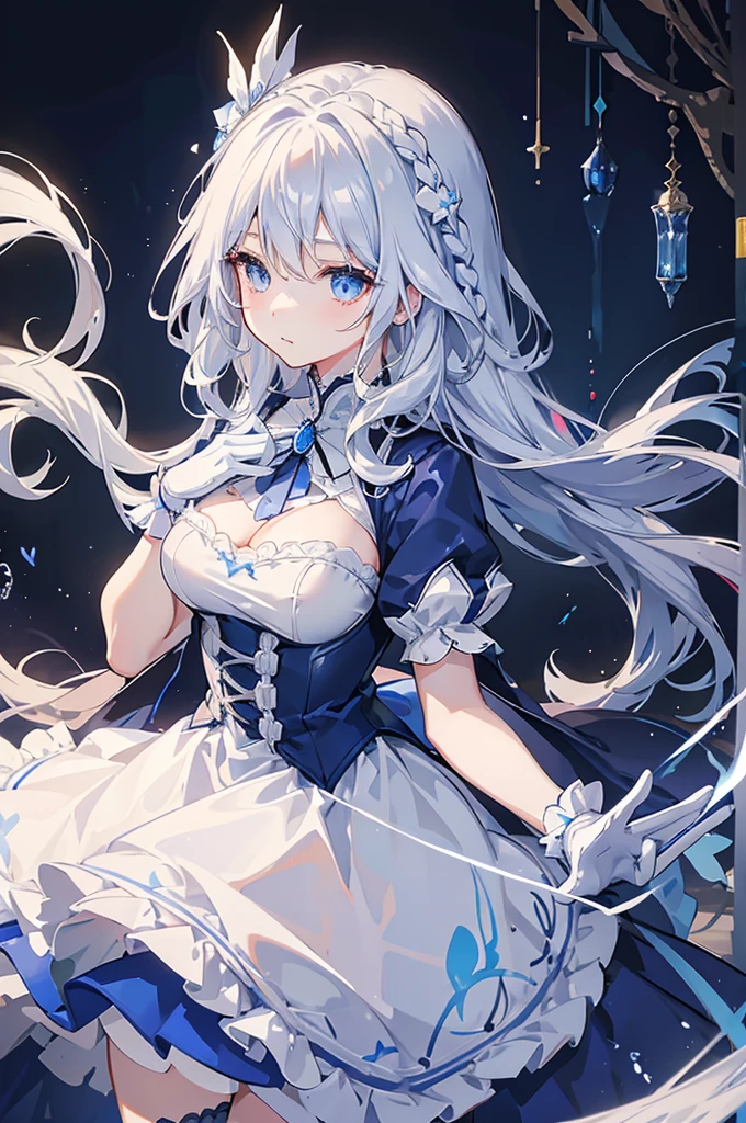 A woman with white hair and blue eyes、adult、Long, fluffy wavy hair、Braiding、Wearing hair ornaments、Princess、White gloves、blue and white lace dress、ribbon、The dress is short in the front and long in the back、Garter Ring、Fantasy